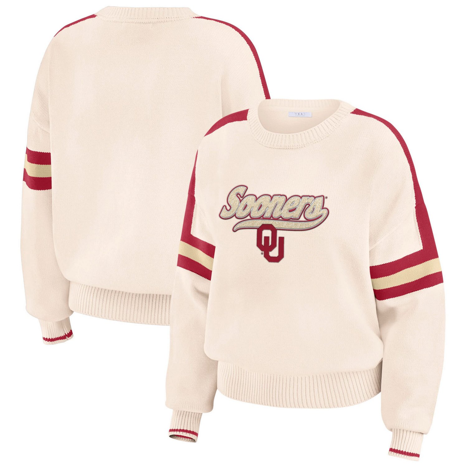WEAR by Erin Andrews Oklahoma Sooners Chenille Woven Patch Stripe Pullover Sweater