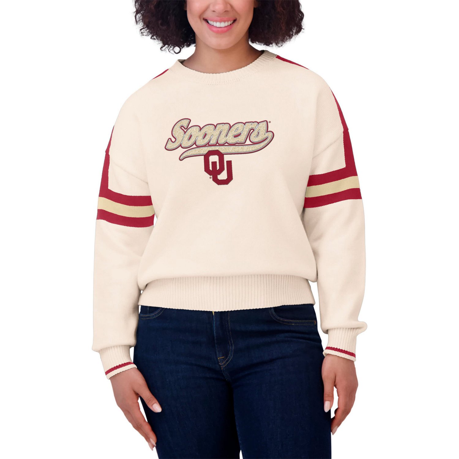 WEAR by Erin Andrews Oklahoma Sooners Chenille Woven Patch Stripe Pullover Sweater