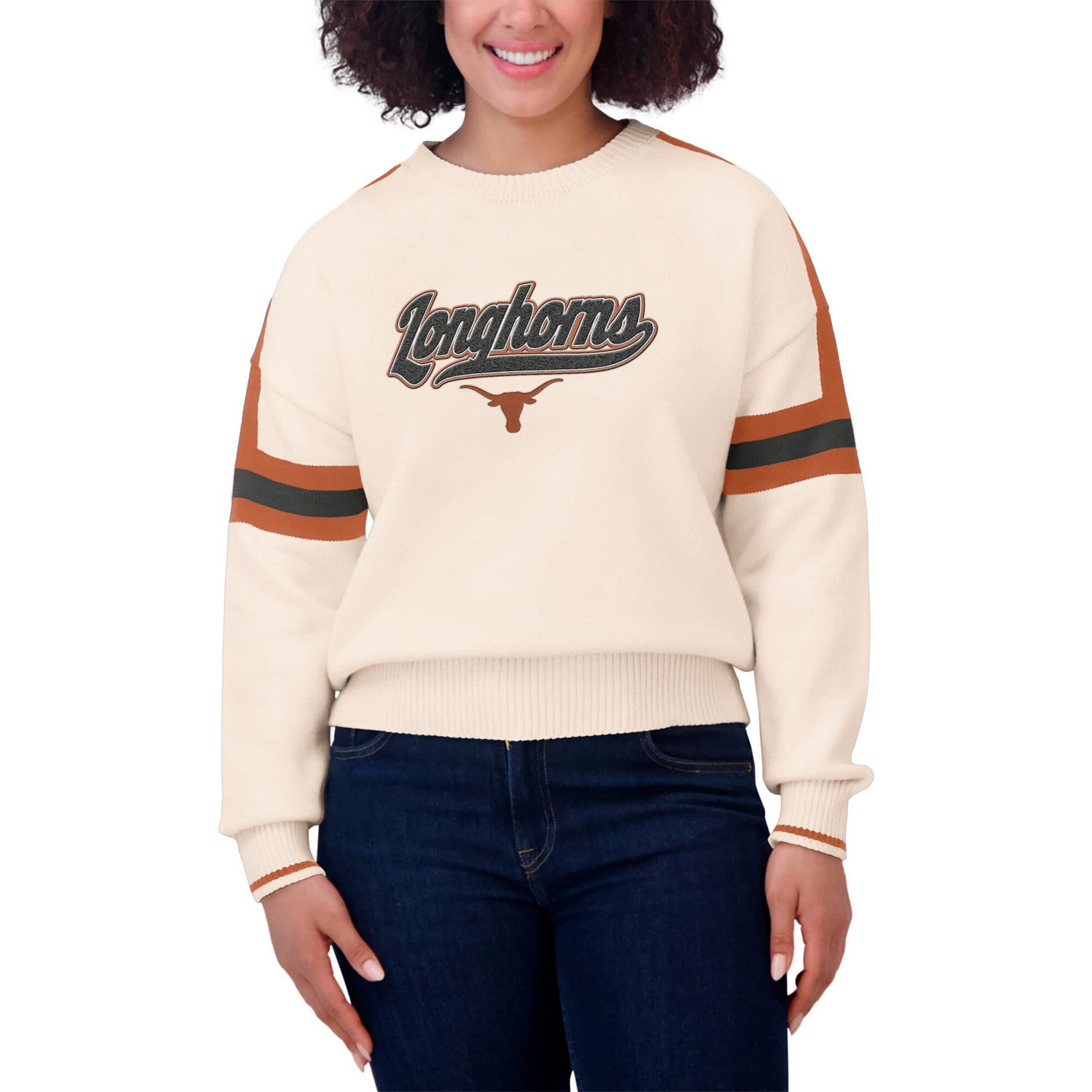WEAR by Erin Andrews Texas Longhorns Chenille Woven Patch Stripe Pullover Sweater                                                - view number 4
