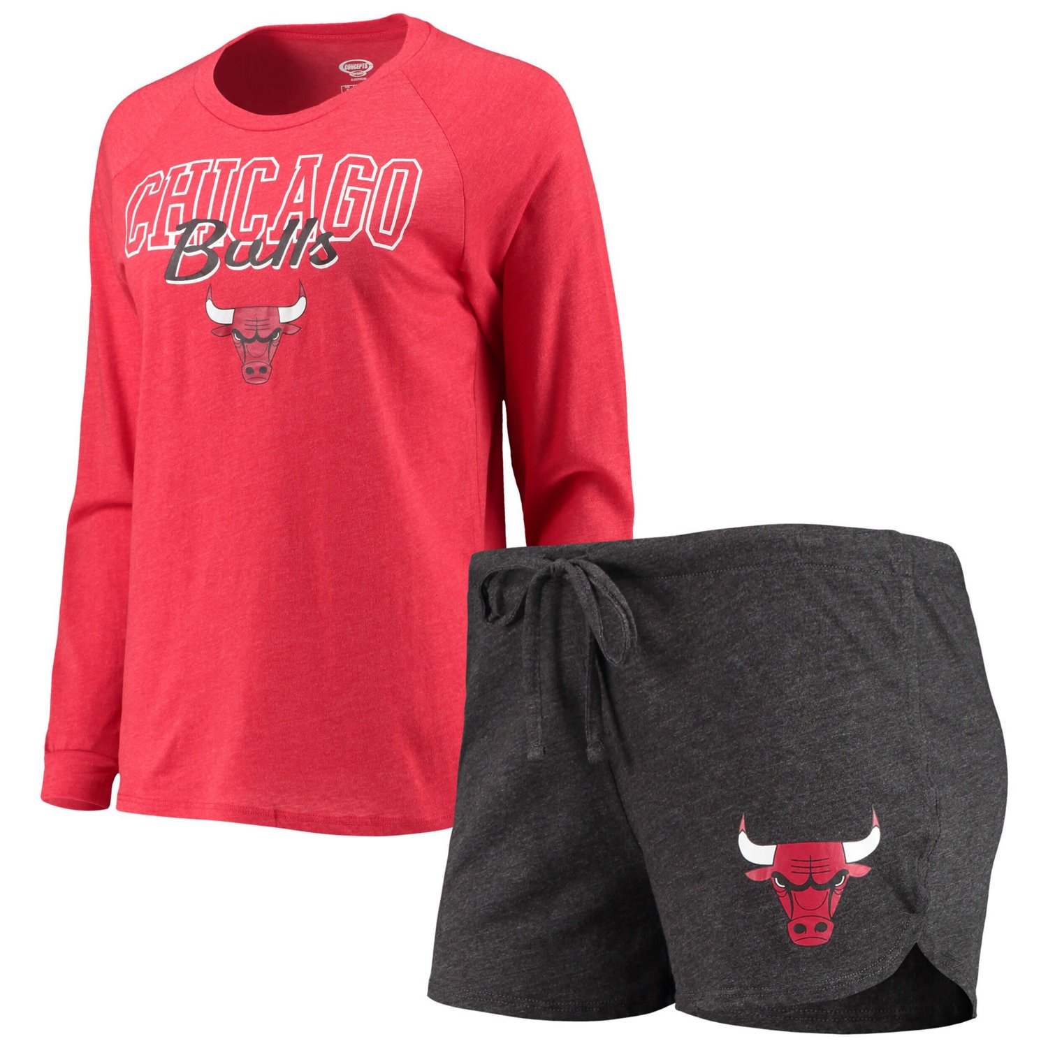Concepts Sport Heathered /Heathered Red Chicago Bulls Raglan Long Sleeve T-Shirt  Shorts Sleep Set
