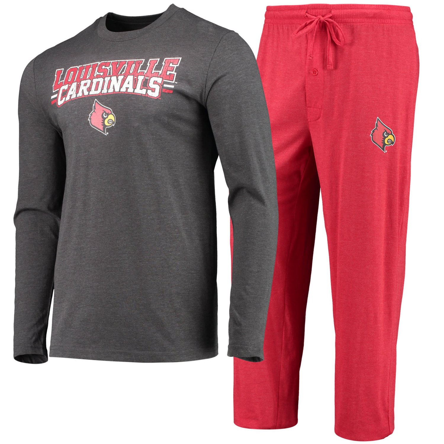 Concepts Sport Heathered Charcoal Louisville Cardinals Meter Long Sleeve T-Shirt  Pants Sleep Set                                - view number 1