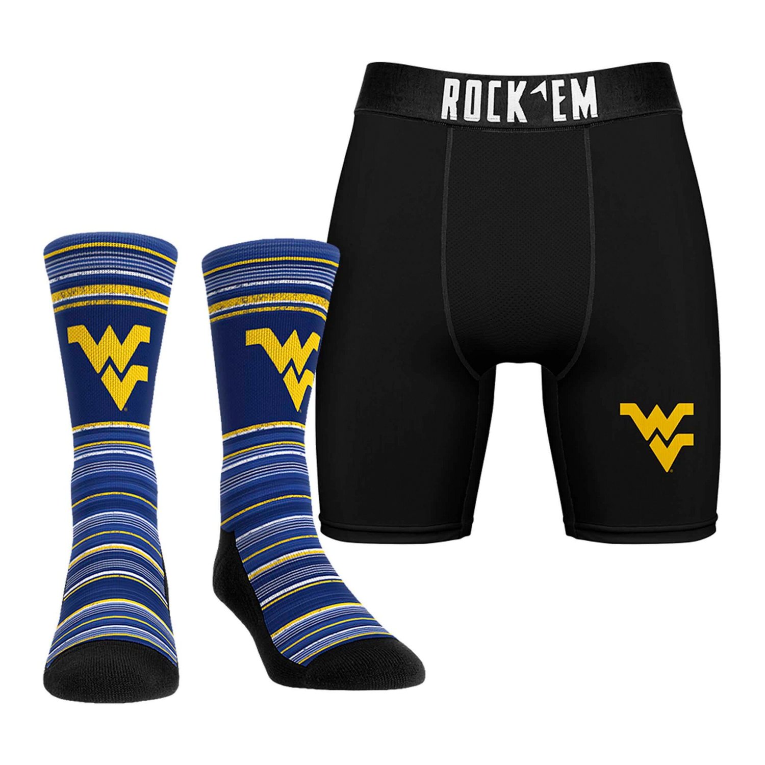 Rock Em Socks West Virginia Mountaineers Primary Crew Socks  Boxer Briefs Combo Pack