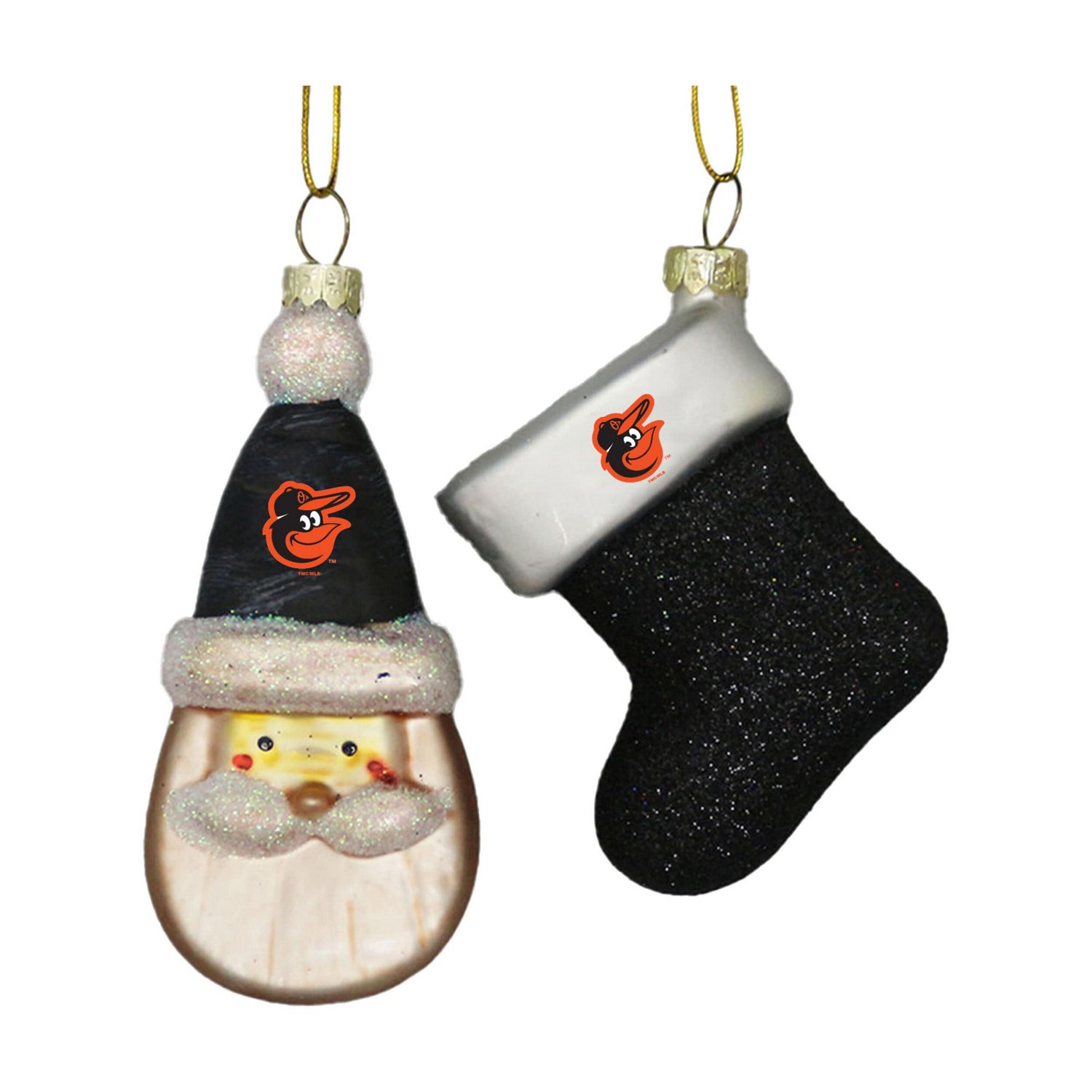 Baltimore Orioles Two-Pack Santa  Stocking Blown Glass Ornament Set