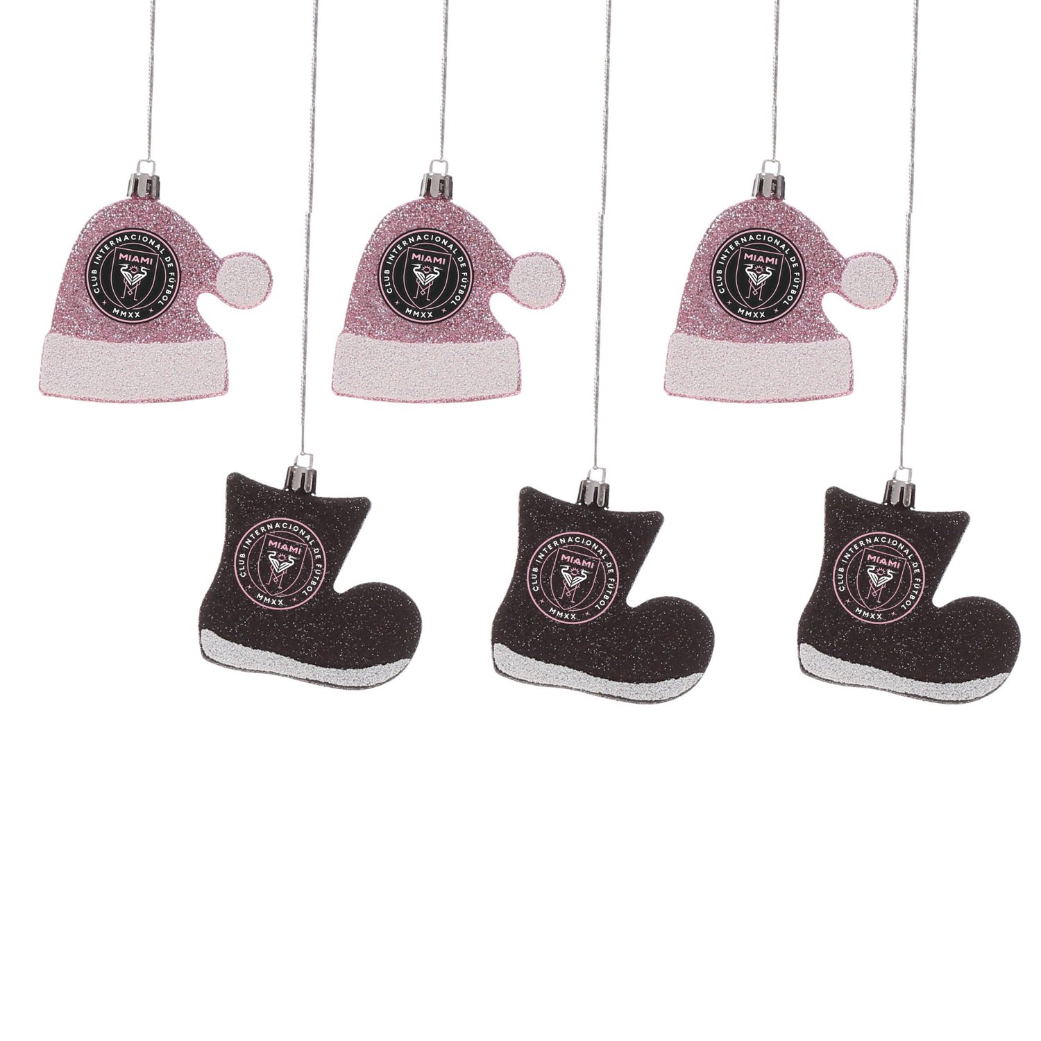 FOCO Inter Miami CF Six-Pack Shatterproof Santa Hat  Stocking Ornament Set