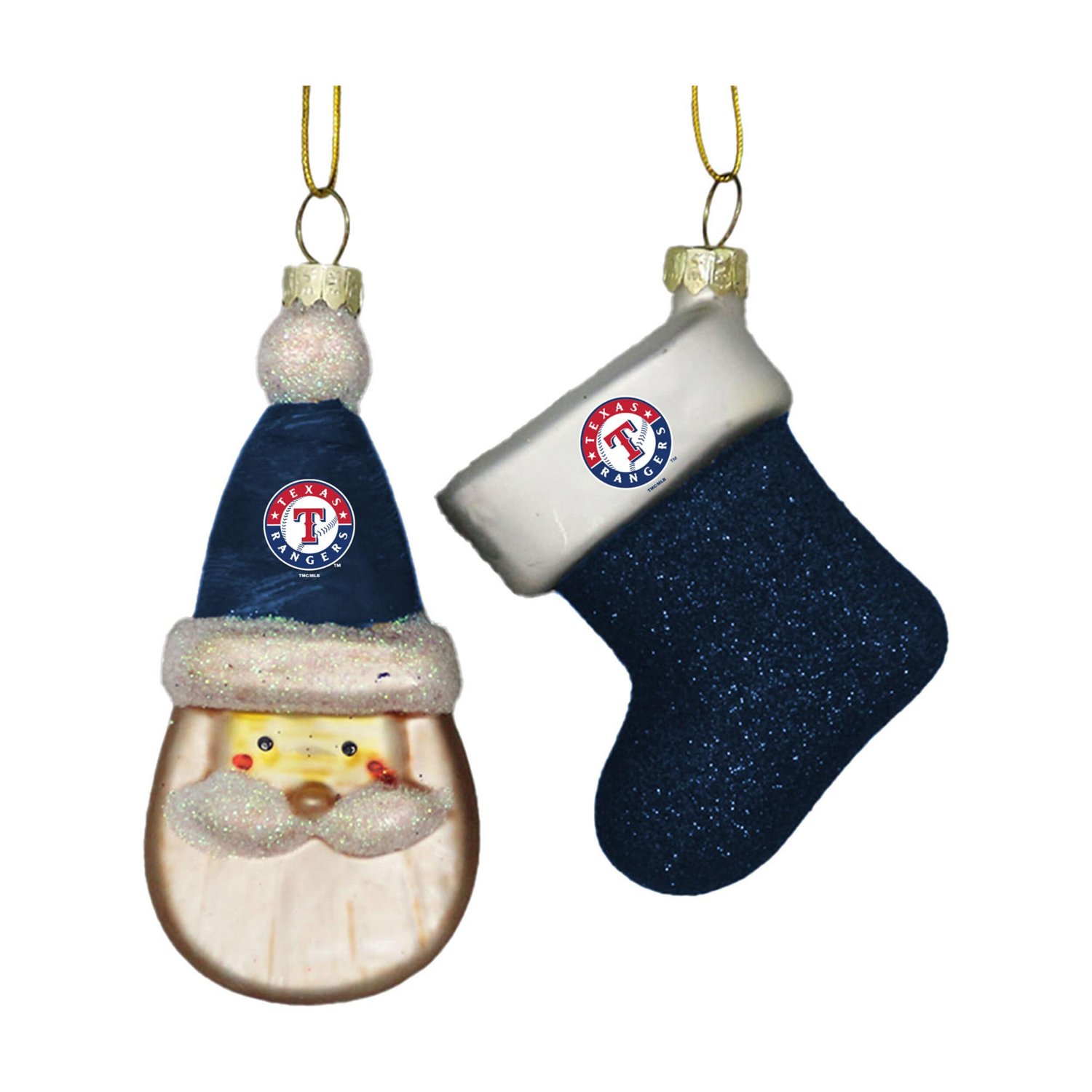 Texas Rangers Two-Pack Santa  Stocking Blown Glass Ornament Set