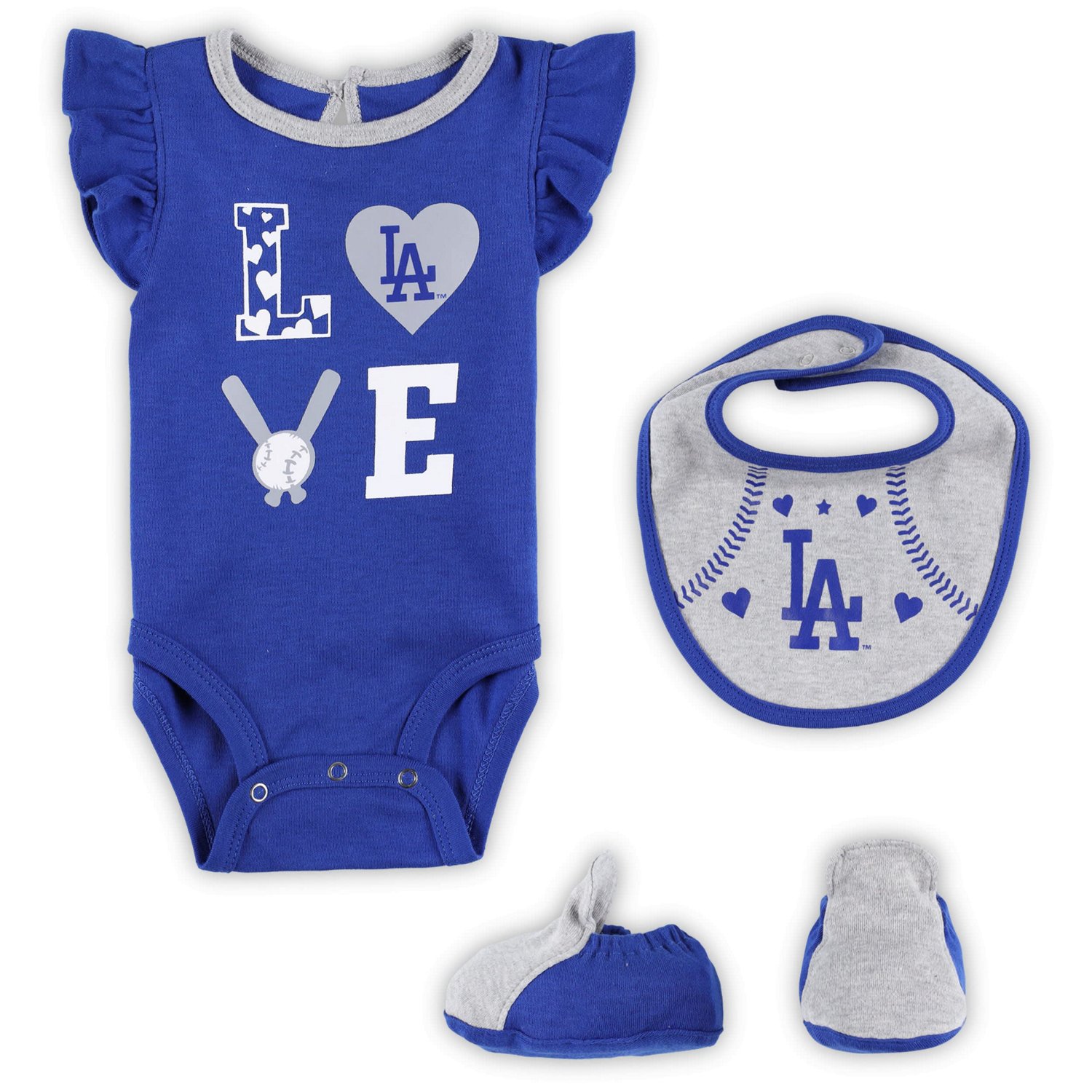 Newborn  Heather Gray Los Angeles Dodgers Three-Piece Love of Baseball Bib Bodysuit  Booties Set - view number 1
