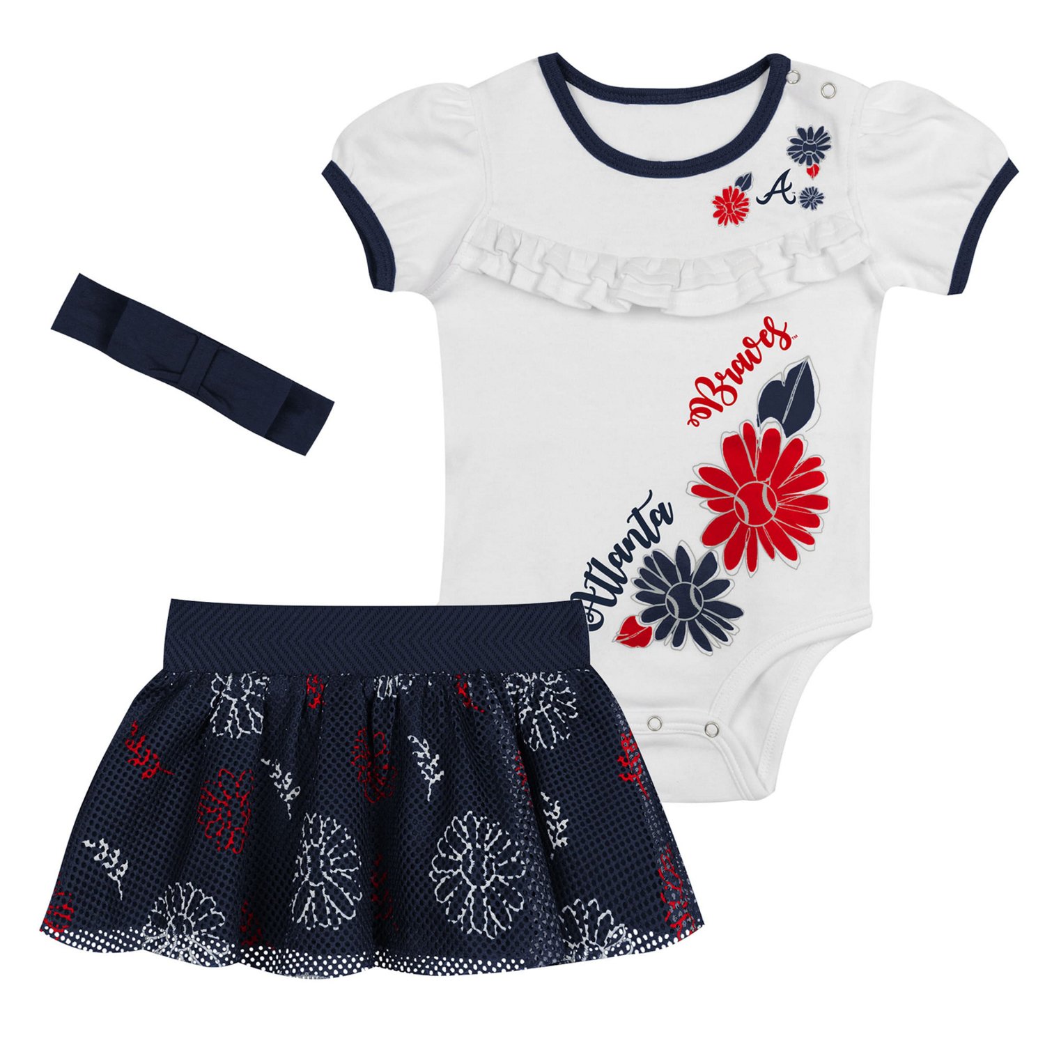 Newborn Navy Atlanta Braves Sweet Catcher 3-Piece Bodysuit Headband and Skirt Set                                                - view number 1