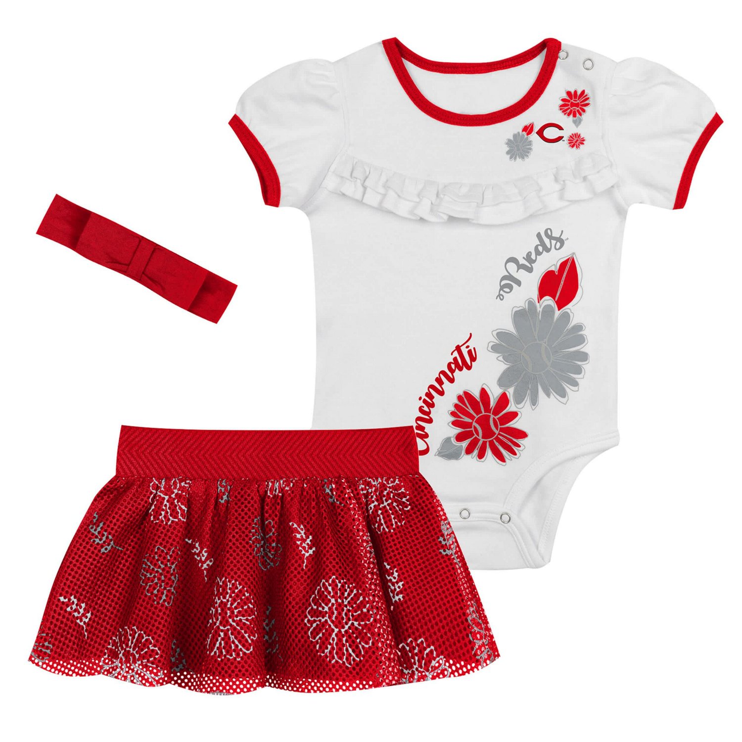Newborn Red Cincinnati Reds Sweet Catcher 3-Piece Bodysuit Headband and Skirt Set