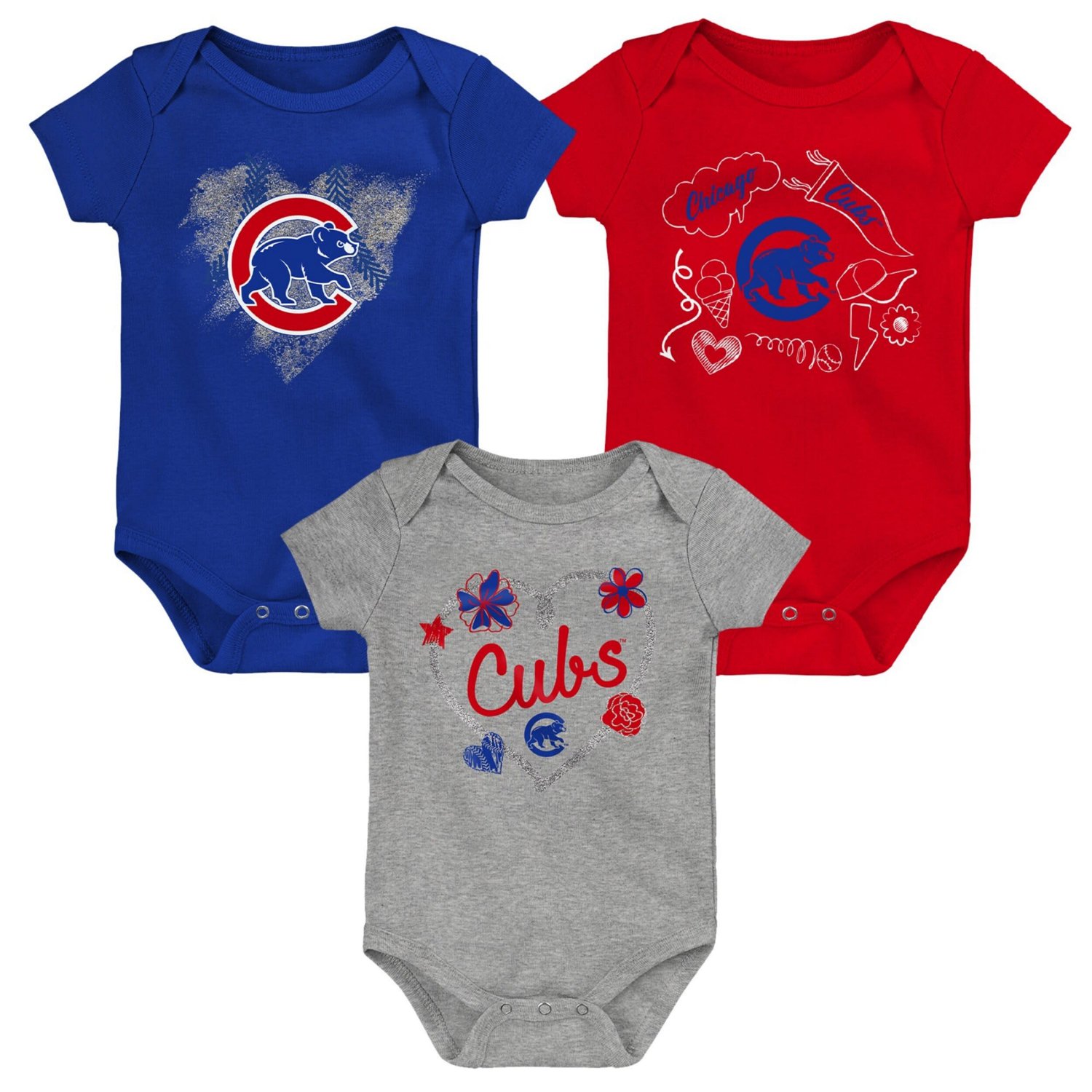 Red Gray Chicago Cubs Batter Up 3-Pack Bodysuit Set - view number 2