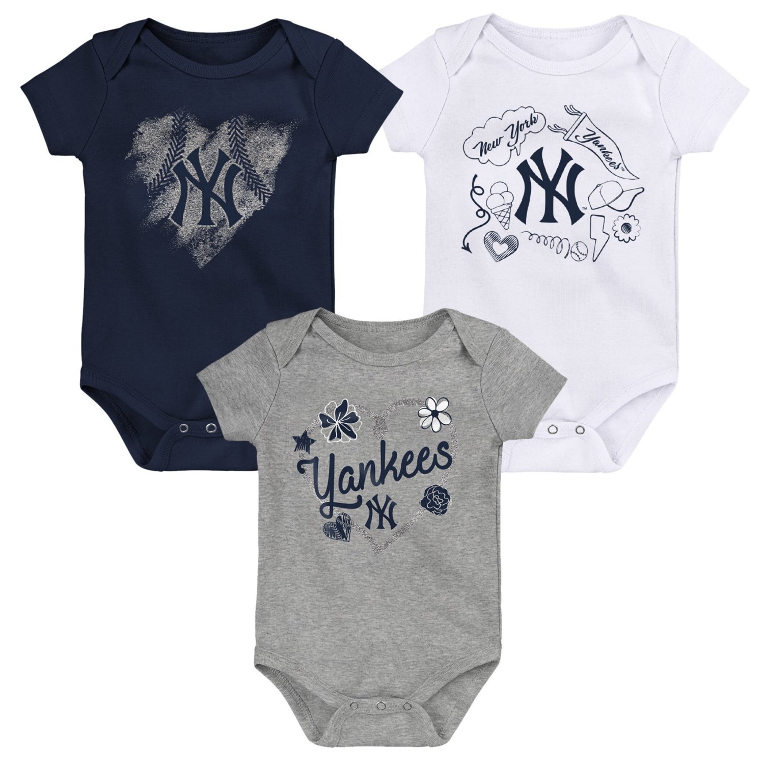 /White/Gray New York Yankees Batter Up 3-Pack Bodysuit Set