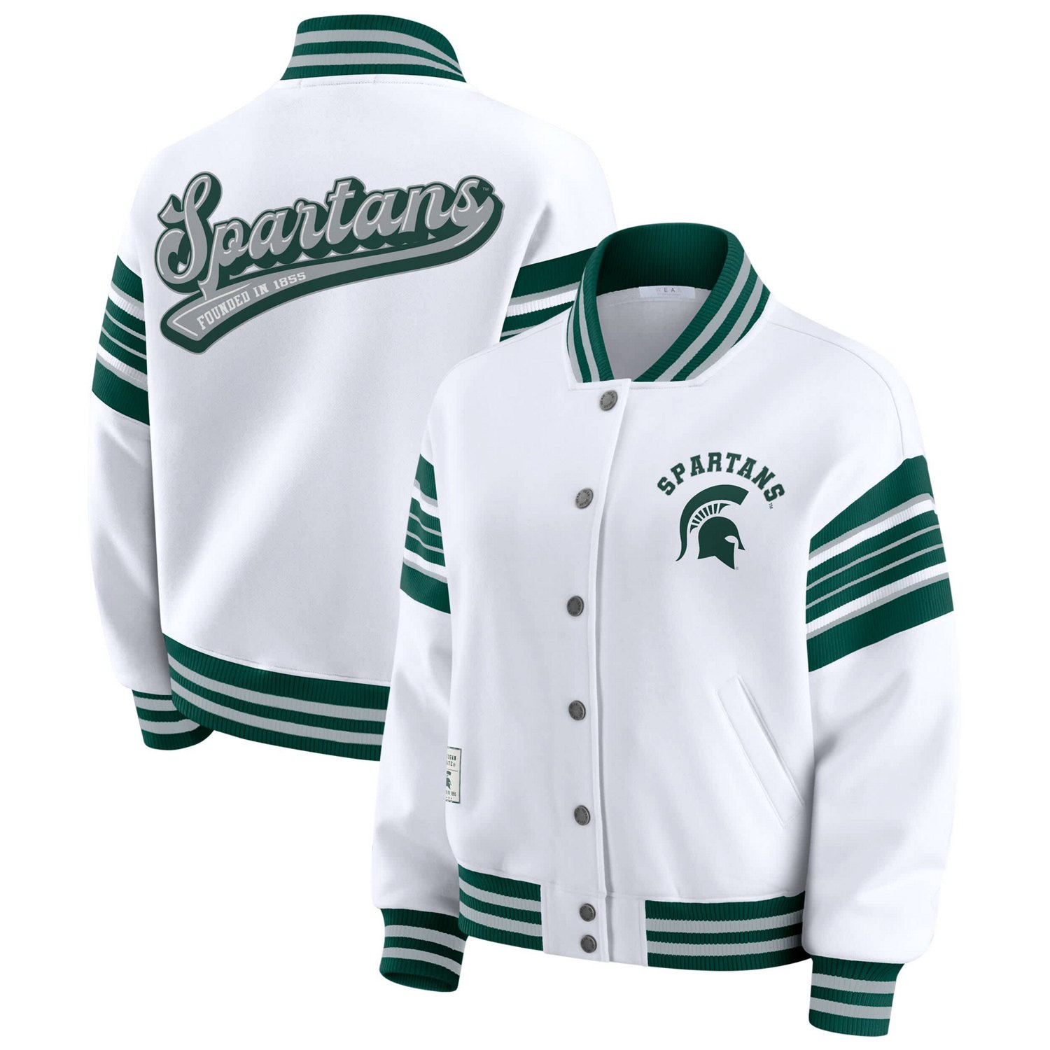 WEAR by Erin Andrews Green Michigan State Spartans Satin Stitch Full-Snap Fleece Sweatshirt Jacket