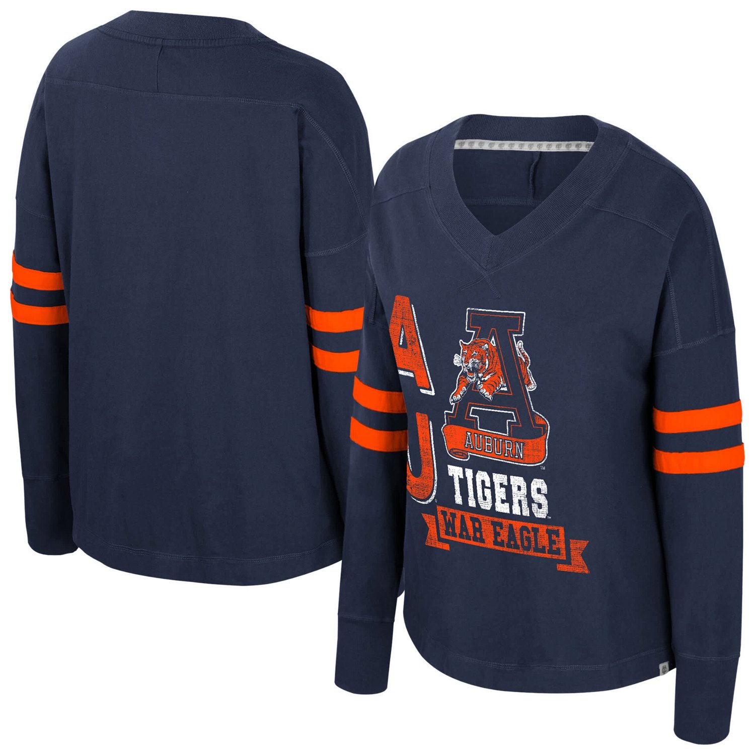 Colosseum Auburn Tigers Oversized Violet Distressed V-Neck Long Sleeve T-Shirt