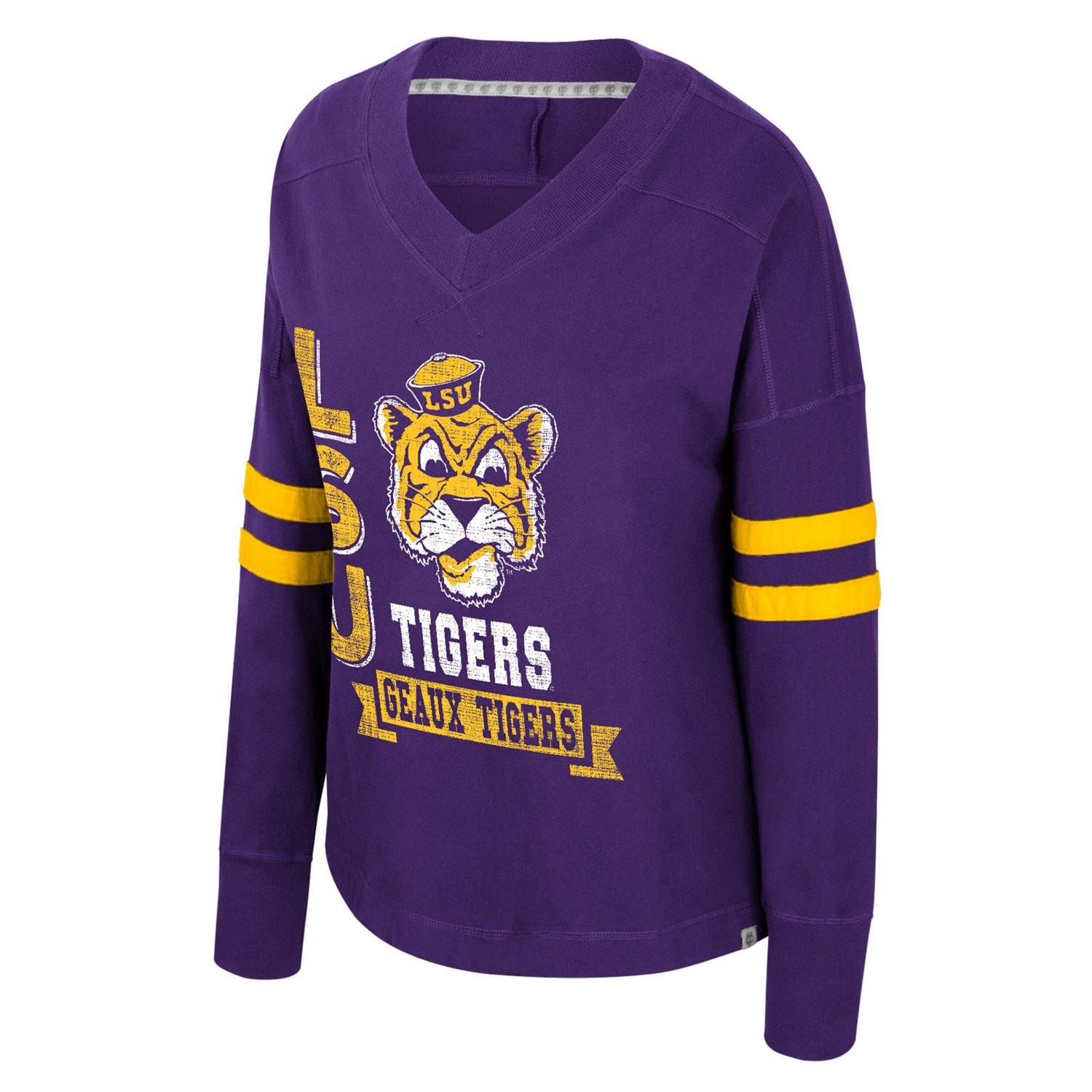 Colosseum LSU Tigers Oversized Violet Distressed V-Neck Long Sleeve T-Shirt - view number 2