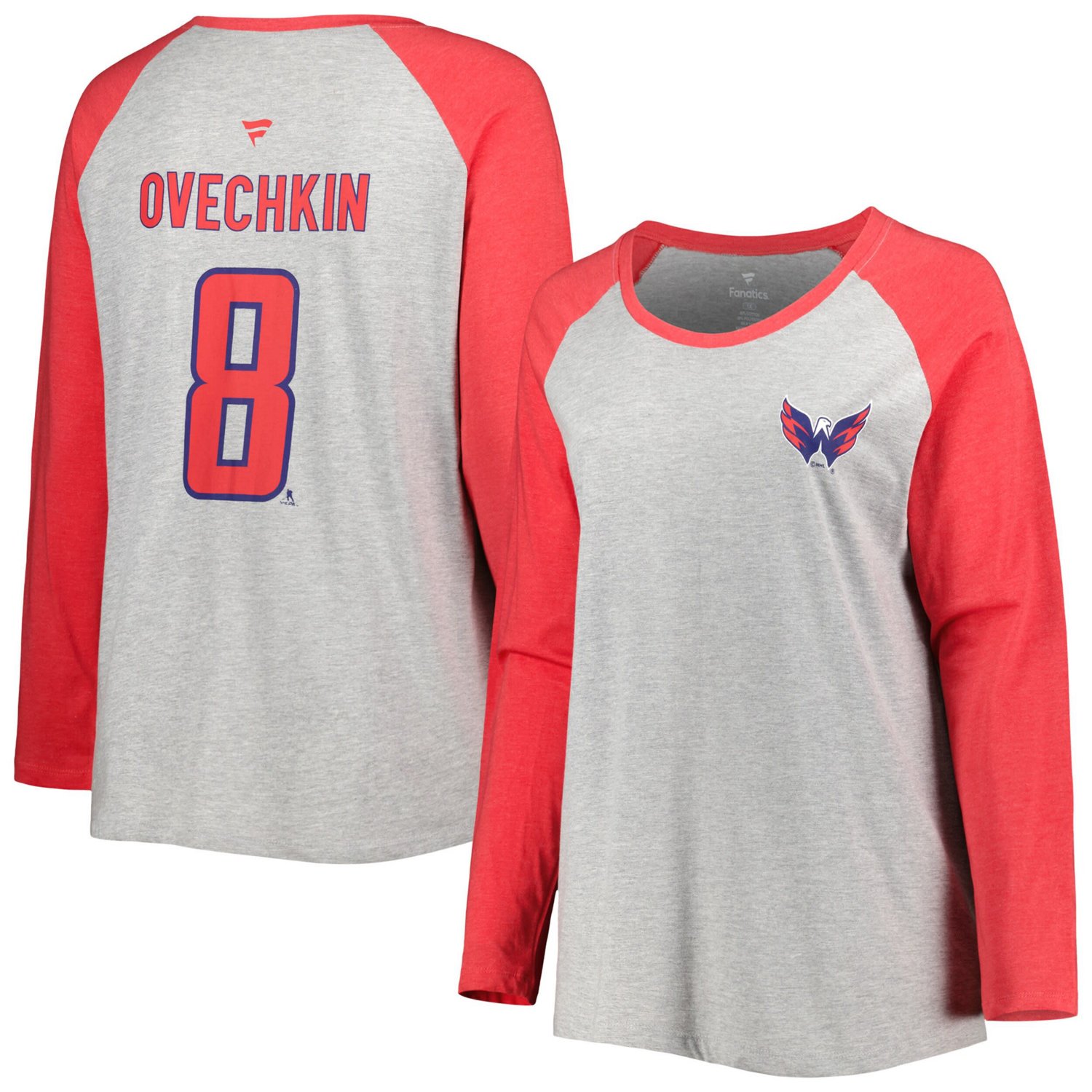 Fanatics Alexander Ovechkin Heather Washington Capitals Plus Name  Number Raglan Long Sleeve T-Shirt