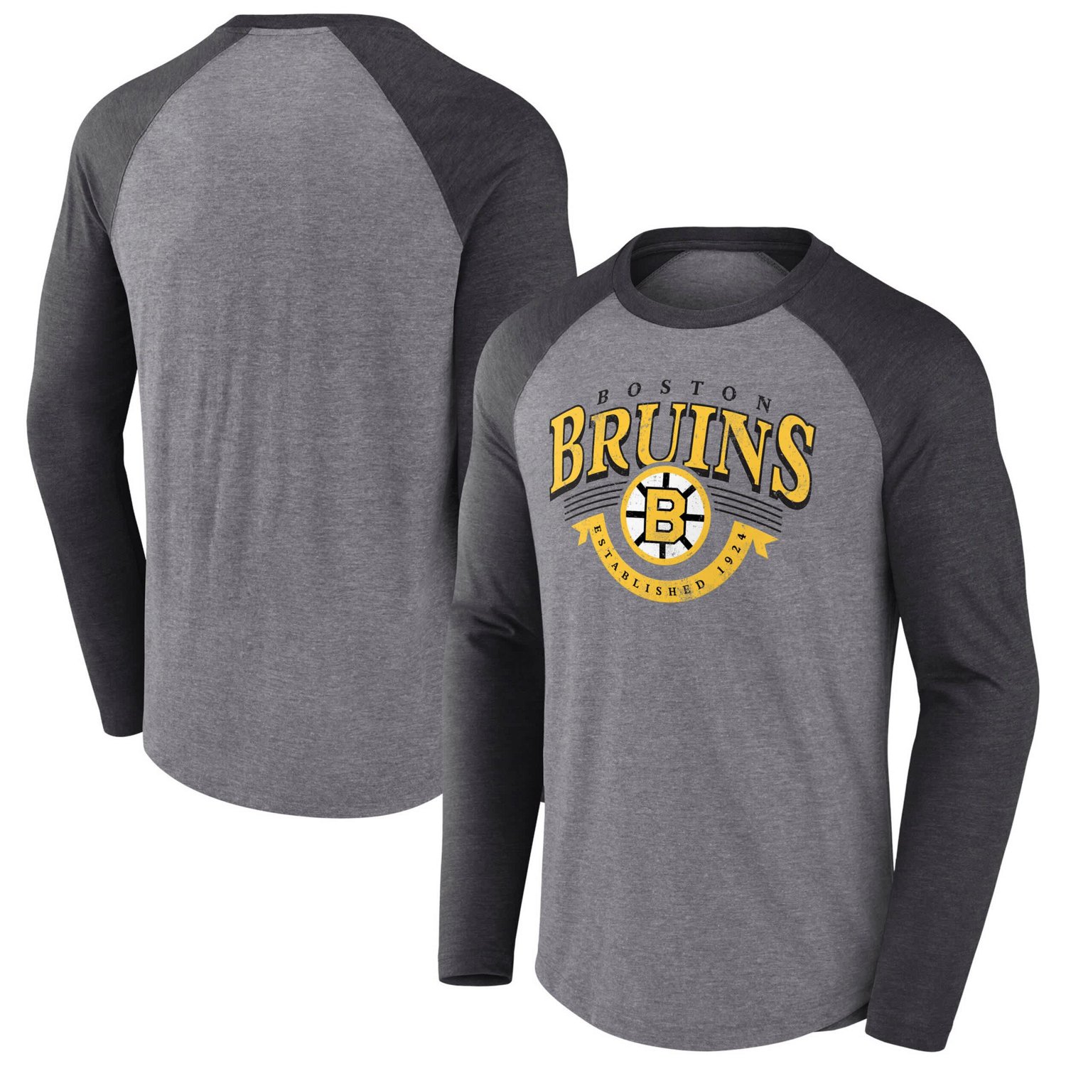 Fanatics Heather Charcoal Boston Bruins Goal Crease Raglan Tri-Blend Long Sleeve T-Shirt