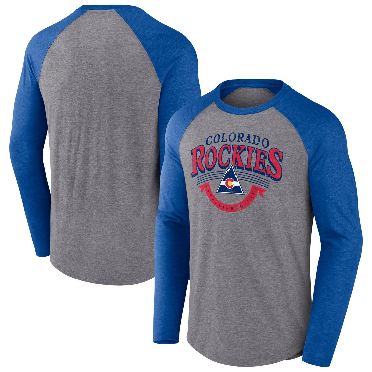 Fanatics Heather CO Rockies Vintage Hockey Goal Crease Raglan Tri-Blend Long Sleeve T-Shirt