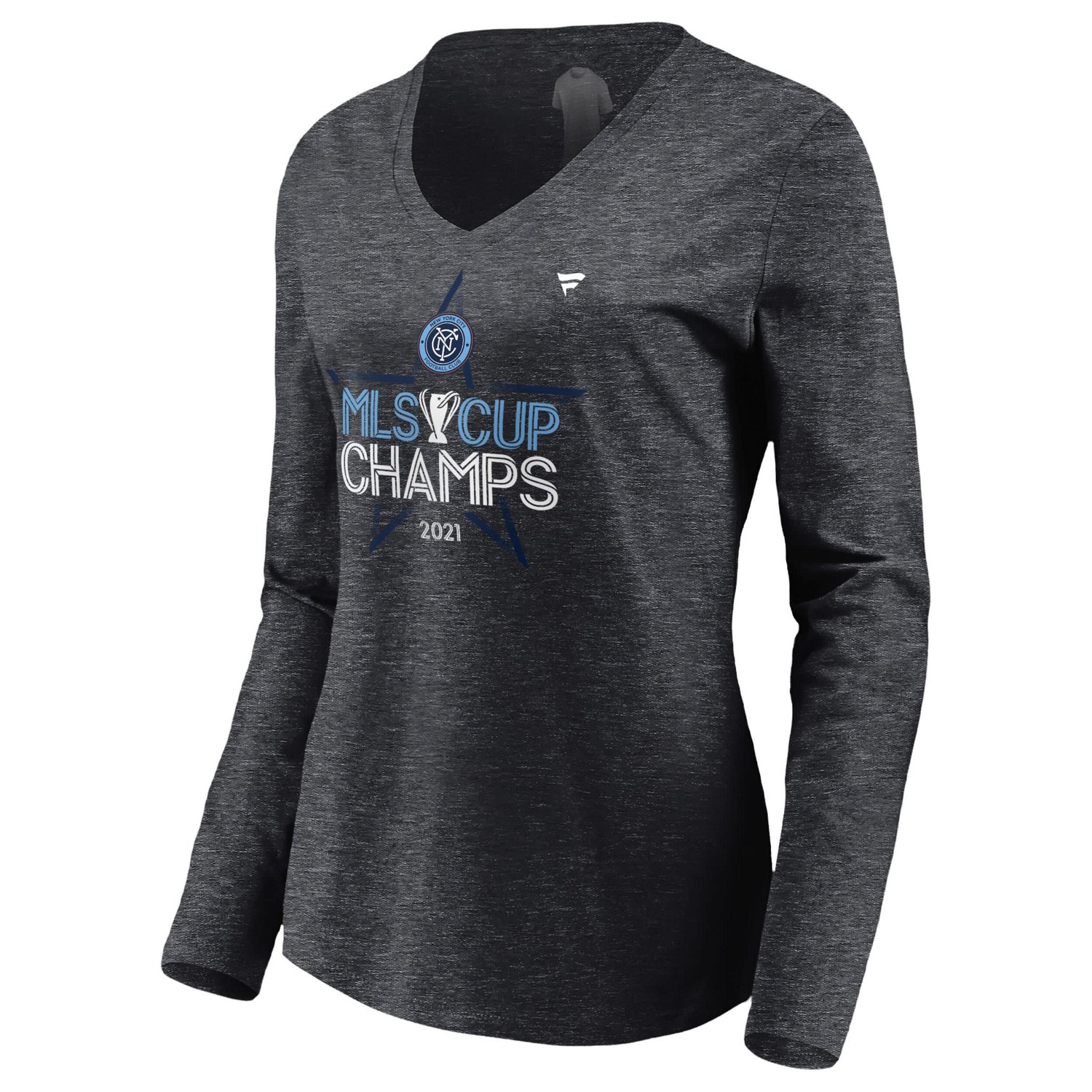 Fanatics Heathered Charcoal New York City FC 2021 MLS Cup Champions Locker Room Long Sleeve V-Neck T-Shirt