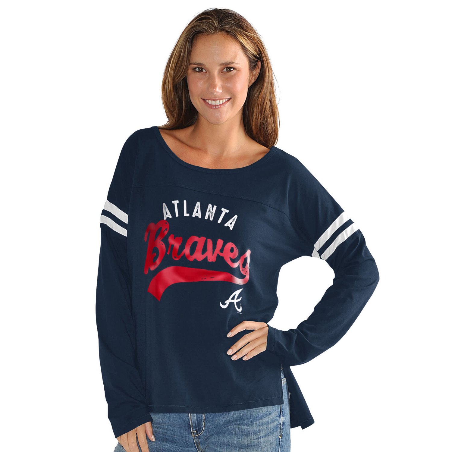 G-III 4Her by Carl Banks Atlanta Braves Free Agent Distressed Long Sleeve Scoop Neck T-Shirt