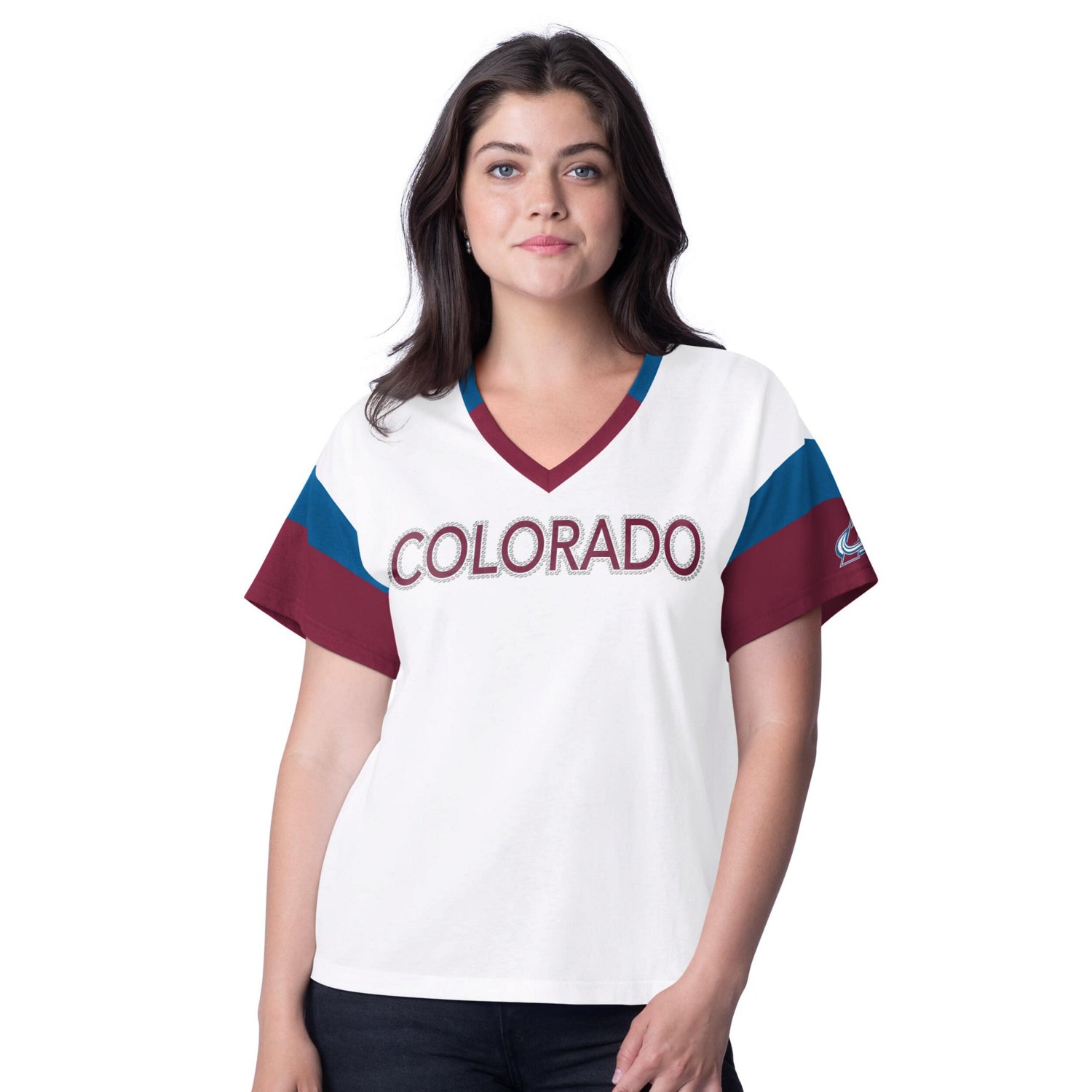 G-III 4Her by Carl Banks Colorado Avalanche Rink Oversized Rhinestone V-Neck T-Shirt