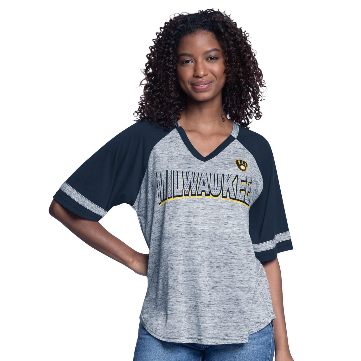 G-III 4Her by Carl Banks Milwaukee Brewers Hall of Fame Raglan Oversized Half-Sleeve Top                                        