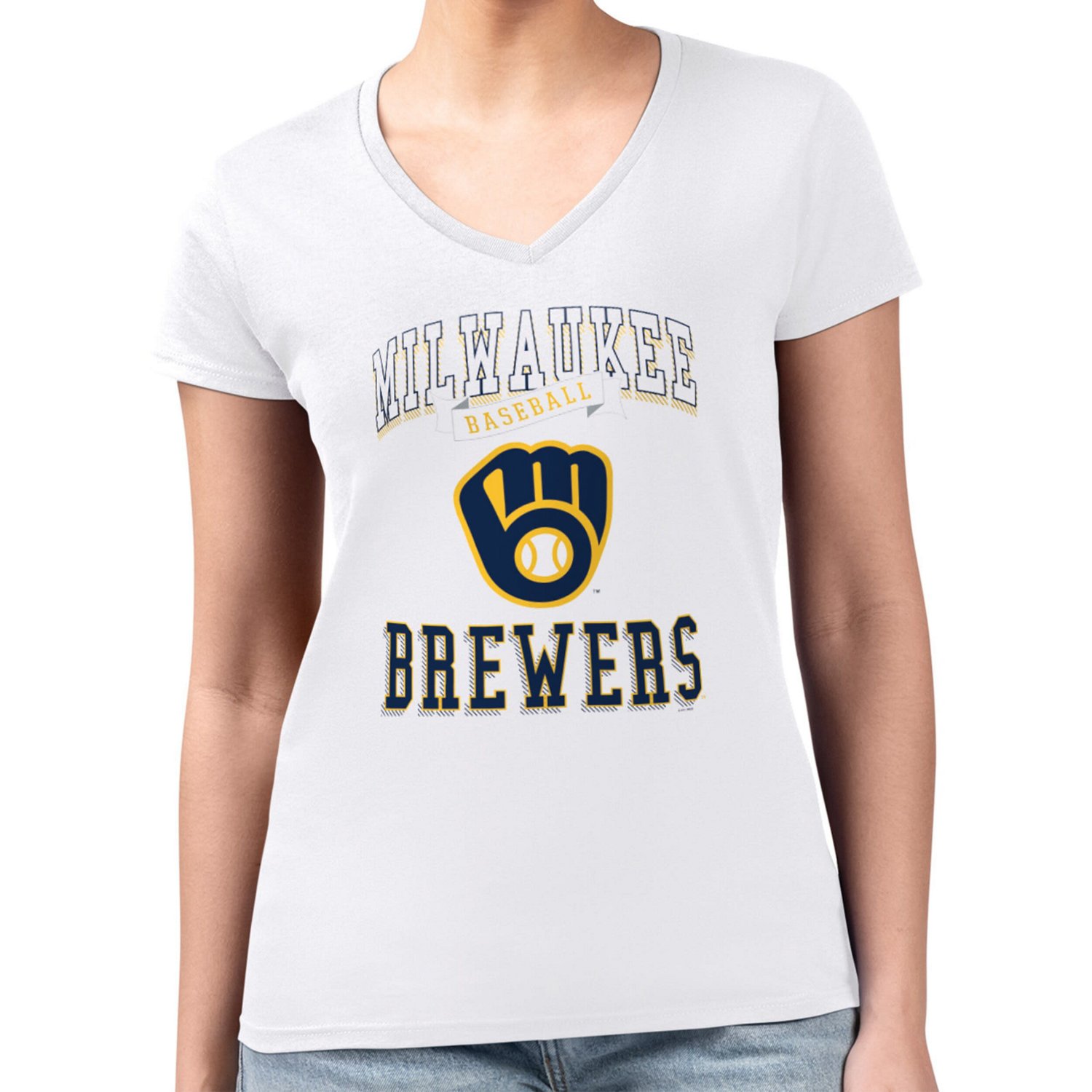 G-III 4Her by Carl Banks Milwaukee Brewers Super-Slim Fit Lightweight Team Logo Graphic V-Neck T-Shirt - view number 4