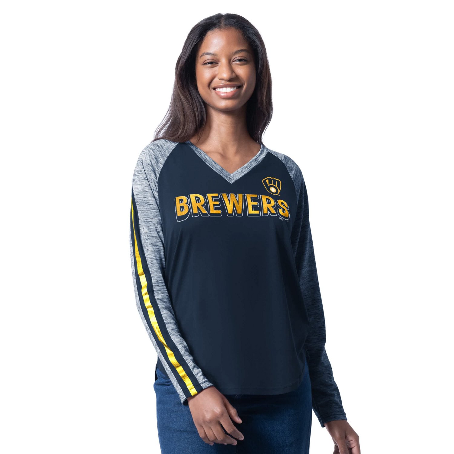 G-III 4Her by Carl Banks Milwaukee Brewers Top Dog Raglan Long Sleeve V-Neck T-Shirt - view number 1