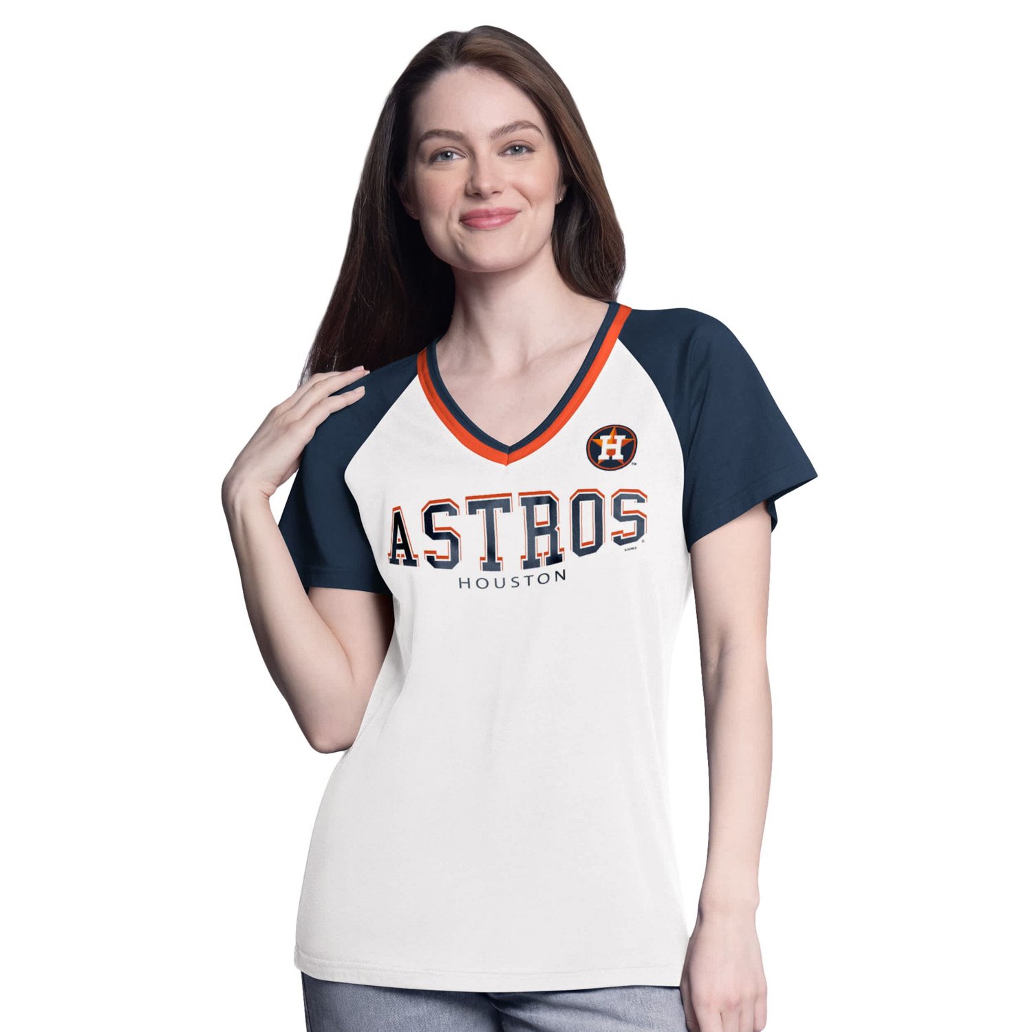 G-III 4Her by Carl Banks Navy Houston Astros Ball Park Raglan V-Neck T-Shirt                                                     - view number 1