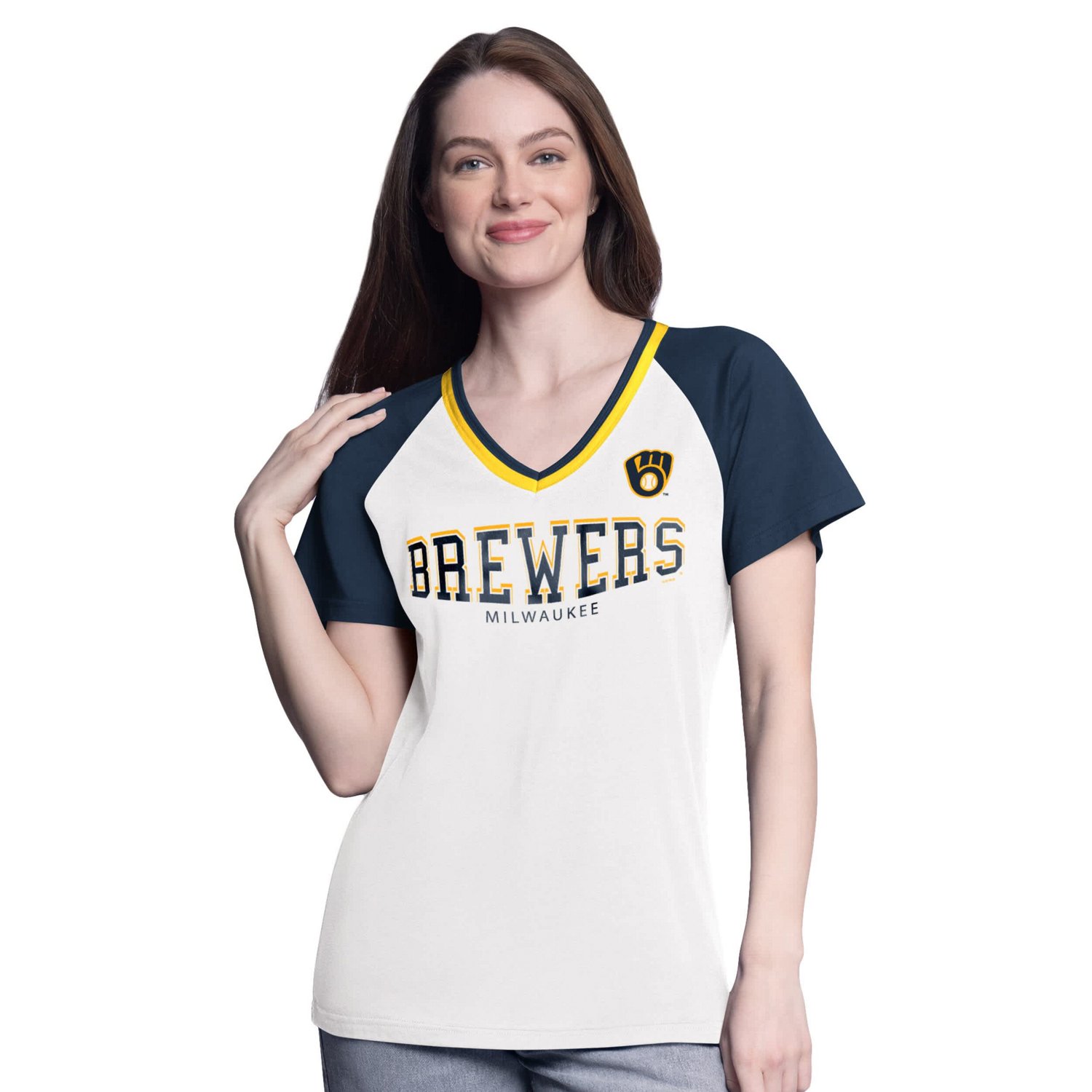 G-III 4Her by Carl Banks Navy Milwaukee Brewers Ball Park Raglan V-Neck T-Shirt                                                 