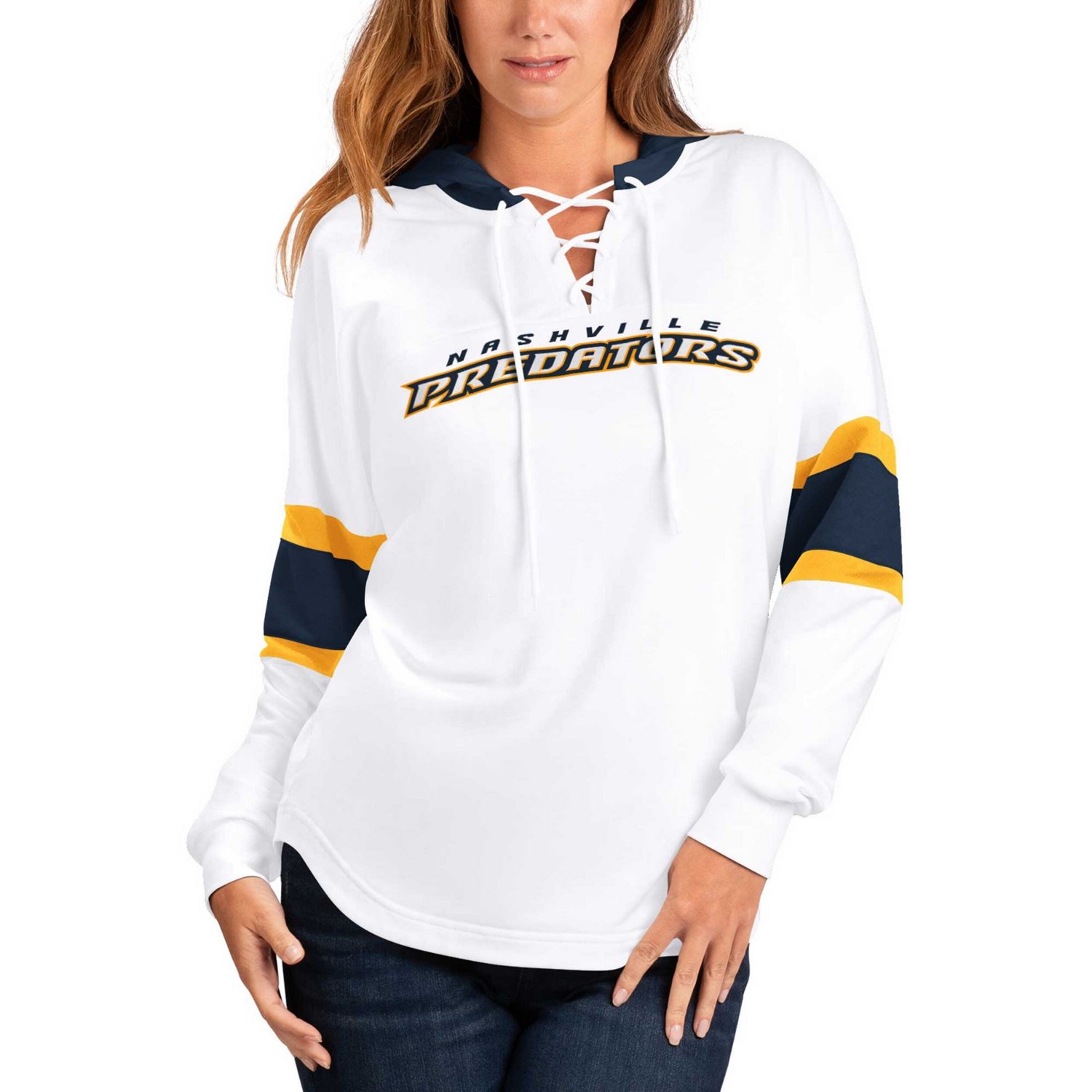G-III 4Her by Carl Banks Navy Nashville Predators Goal Zone Long Sleeve Lace-Up Hoodie T-Shirt