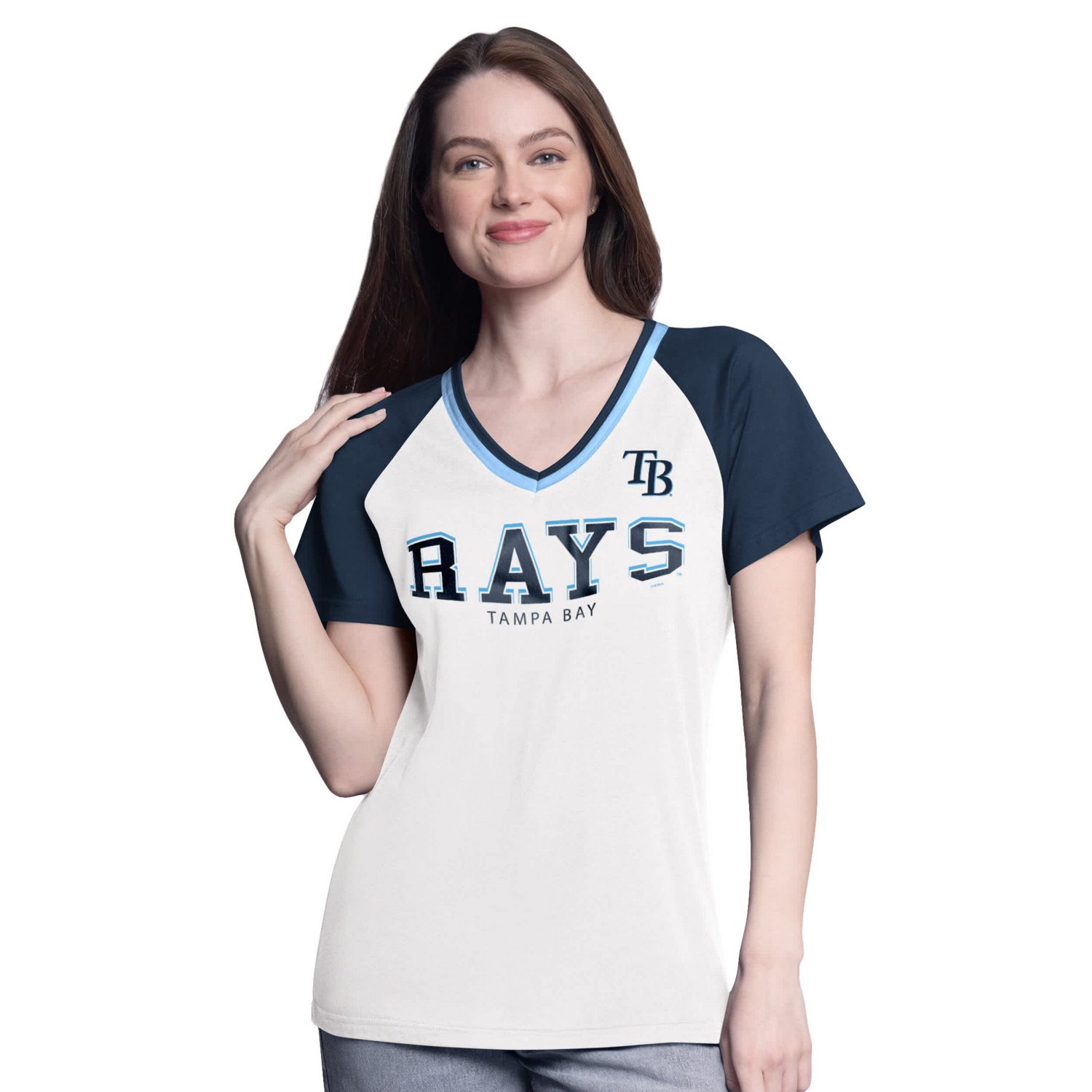 G-III 4Her by Carl Banks Navy Tampa Bay Rays Ball Park Raglan V-Neck T-Shirt