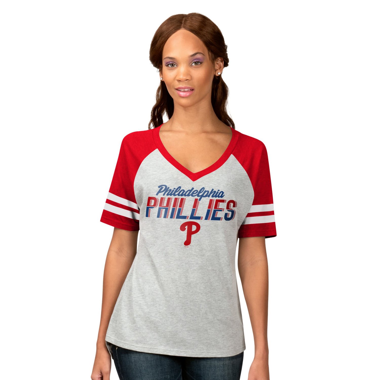 G-III 4Her by Carl Banks Philadelphia Phillies Goal Line Raglan V-Neck T-Shirt