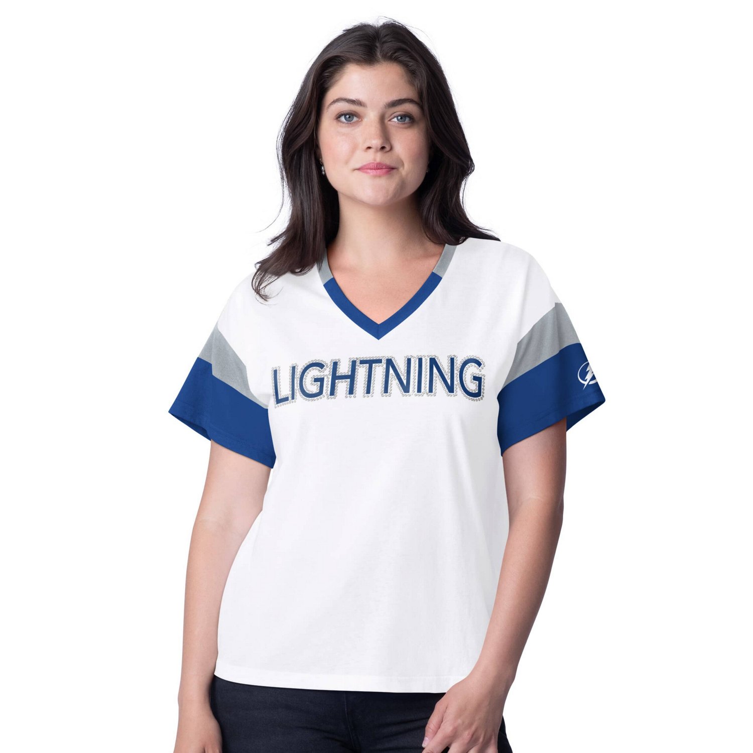 G-III 4Her by Carl Banks Tampa Bay Lightning Rink Oversized Rhinestone V-Neck T-Shirt                                            - view number 1