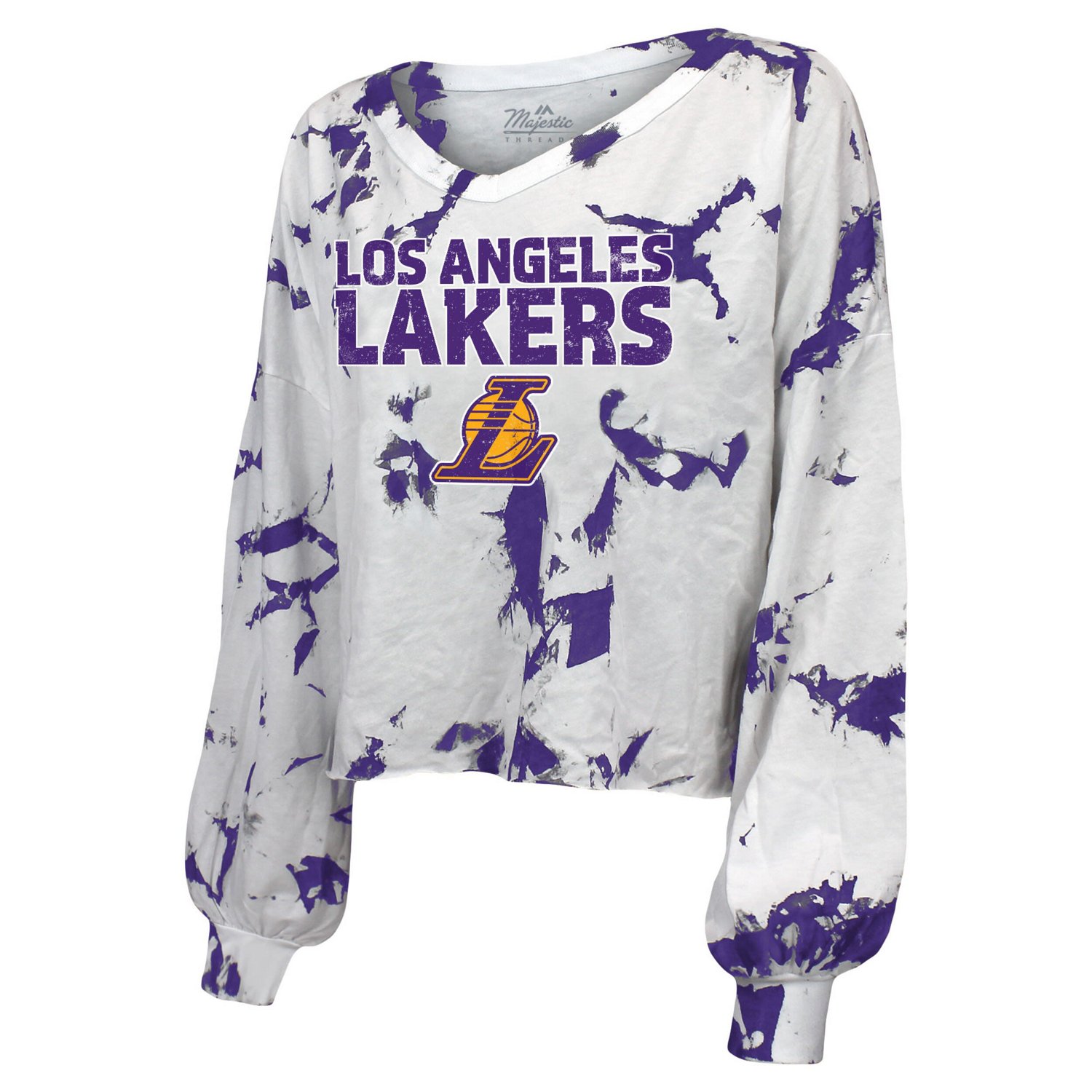 Majestic Threads Los Angeles Lakers Aquarius Tie-Dye Cropped V-Neck Long Sleeve T-Shirt                                          - view number 2