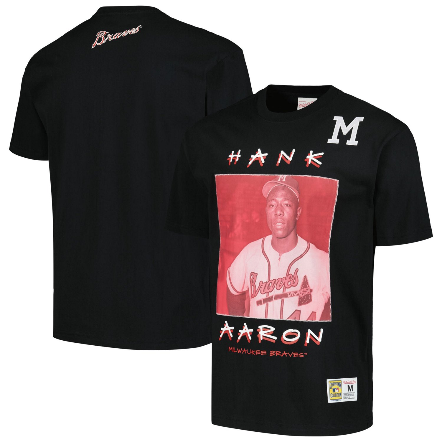 Mitchell  Ness Hank Aaron Milwaukee Braves Cooperstown Collection Heavyweight Premium Player Vintage Logo T-Shirt
