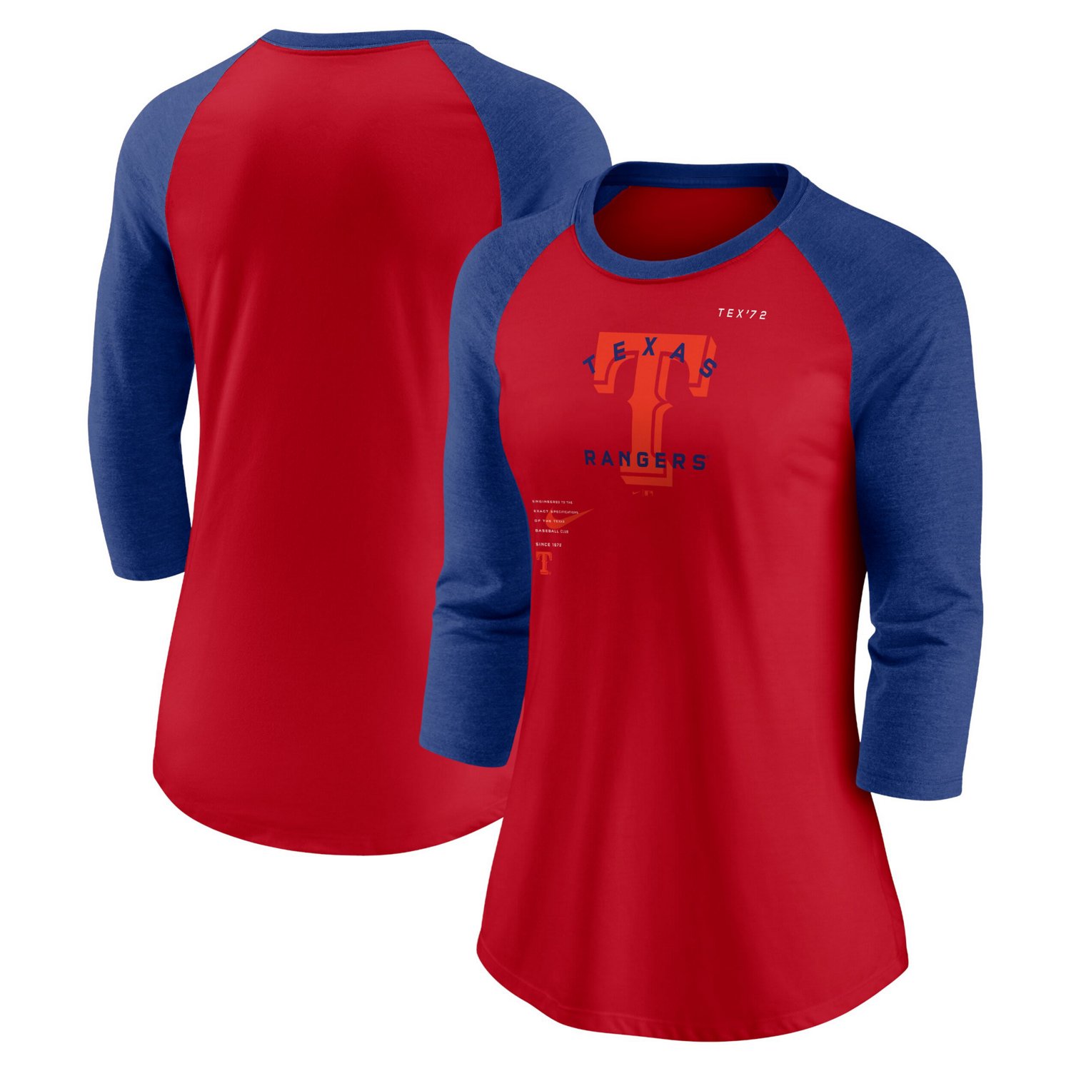 Nike /Royal Texas Rangers Next Up Tri-Blend Raglan 3/4-Sleeve T-Shirt