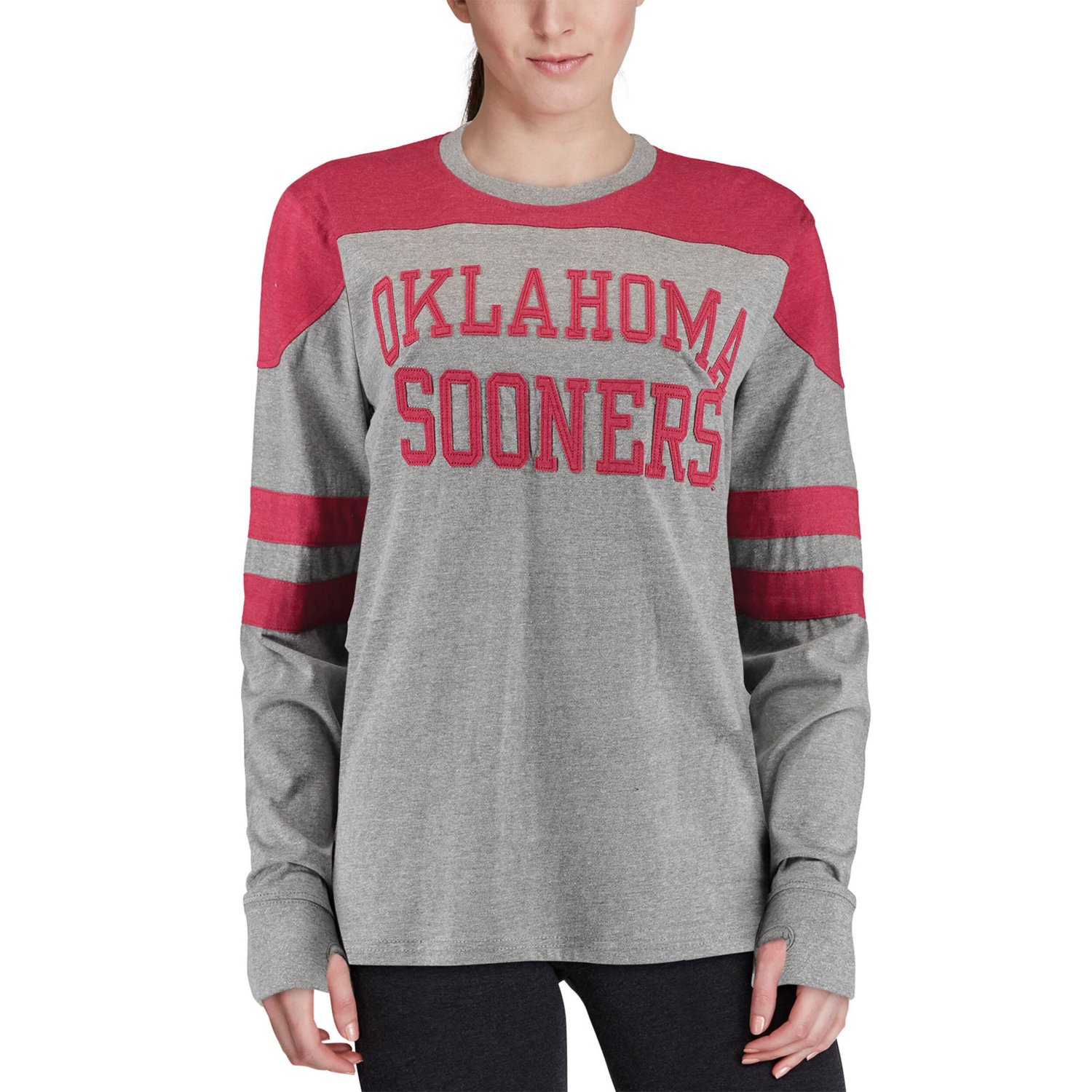 Pressbox Heathered Gray/Crimson Oklahoma Sooners Peyton Sleeve Stripe Applique Long Sleeve T-Shirt - view number 4
