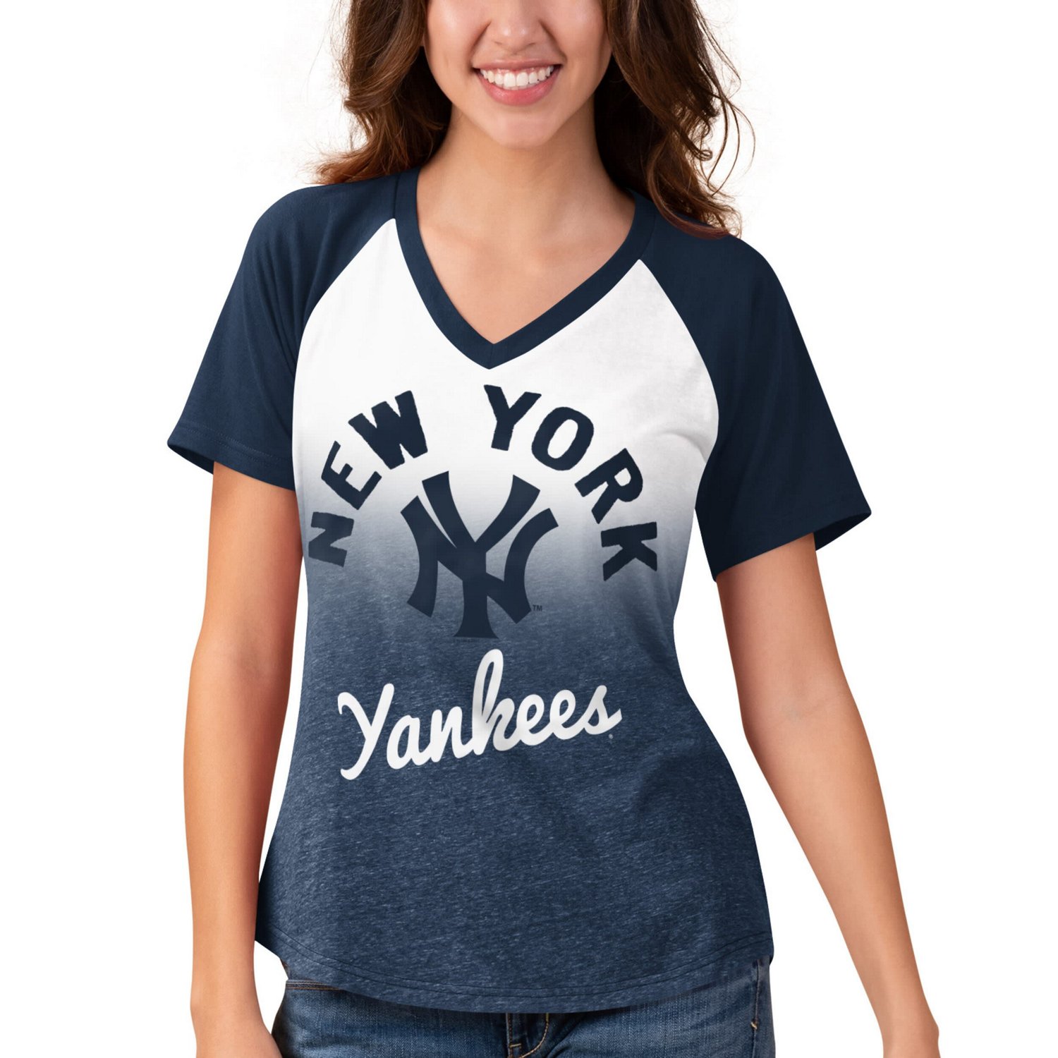 Touch /White New York Yankees Shortstop Ombre Raglan V-Neck T-Shirt - view number 4