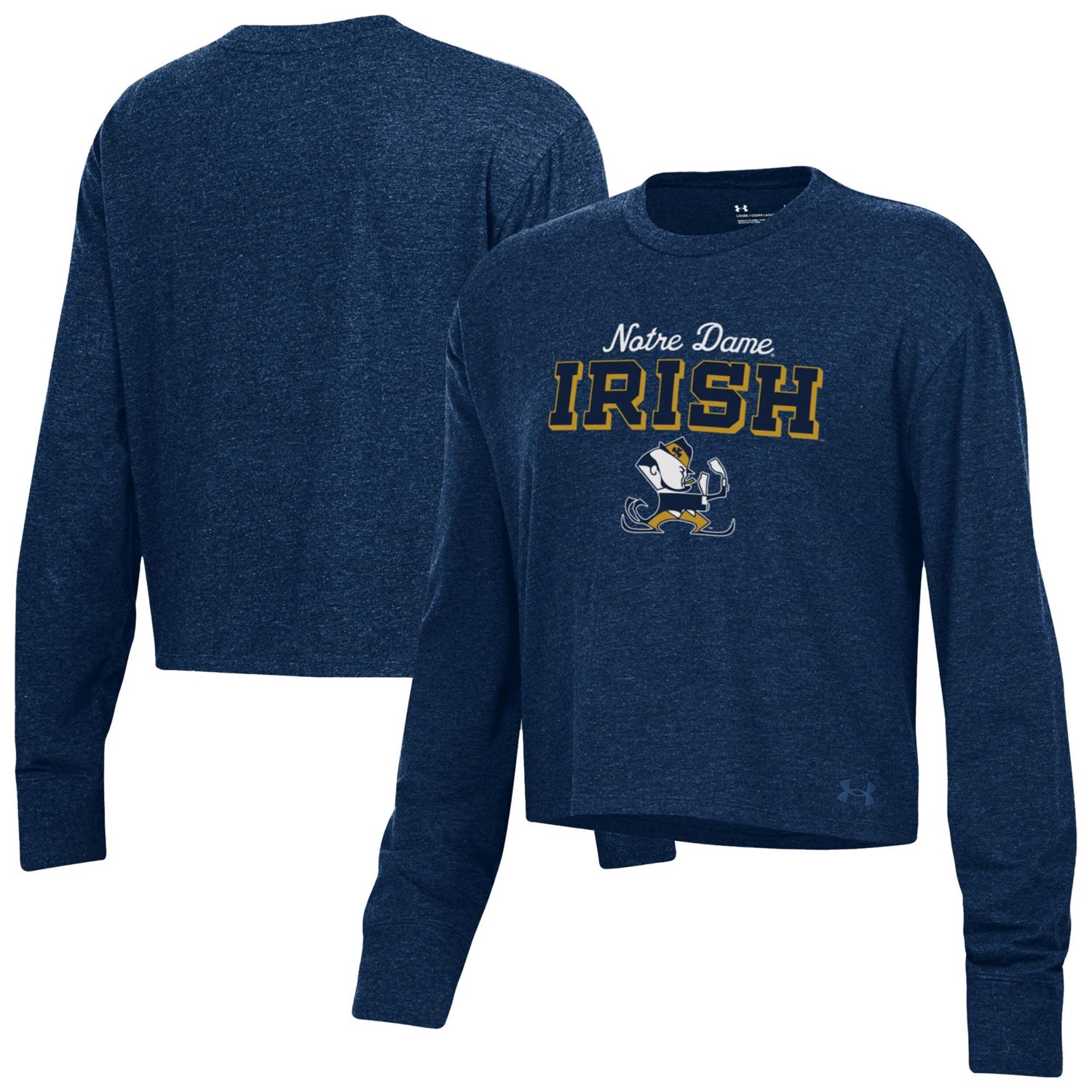 Under Armour Heather Notre Dame Fighting Irish Essentials Icon Ultra-Soft Cropped Long Sleeve Tri-Blend Performance T-Shirt