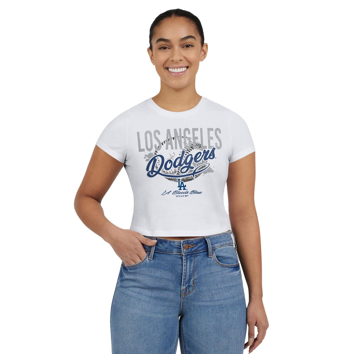 WEAR by Erin Andrews Los Angeles Dodgers Distressed Cropped Baby T-Shirt
