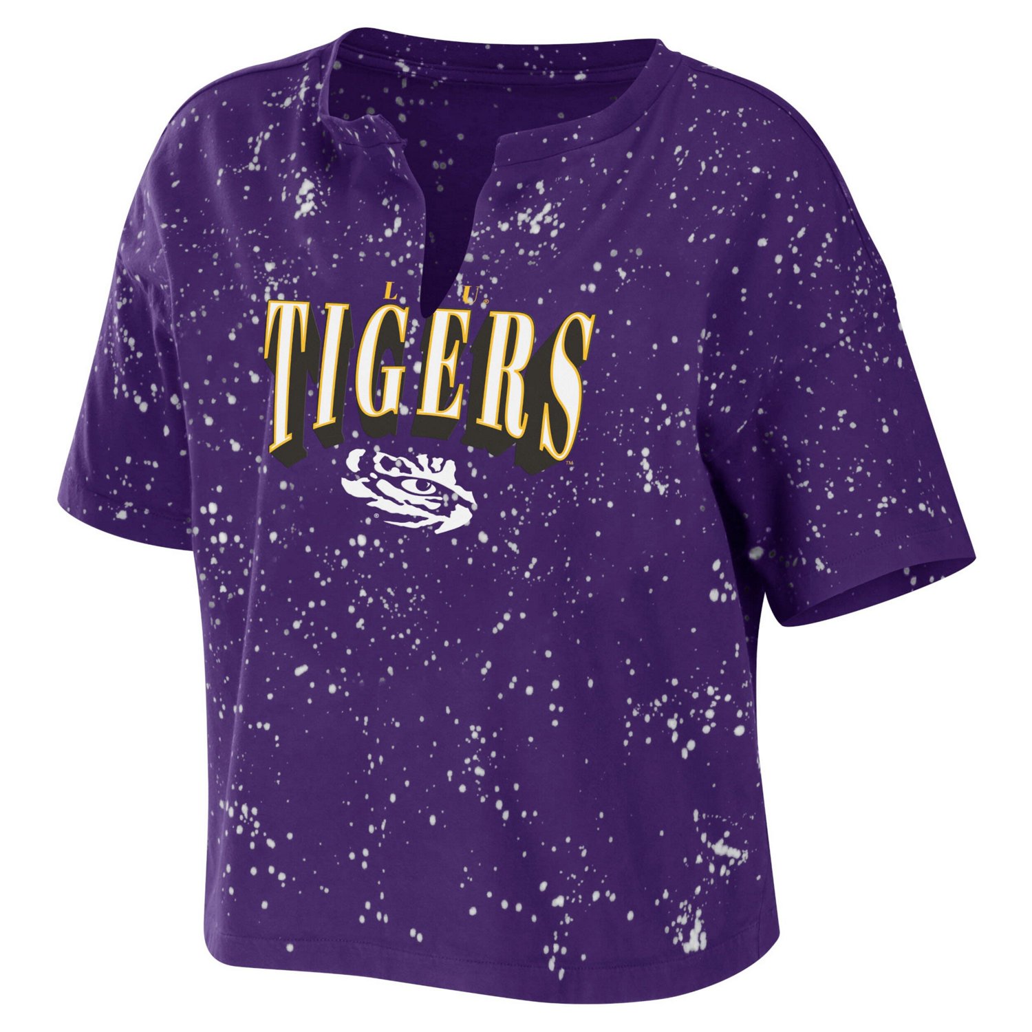 WEAR by Erin Andrews LSU Tigers Bleach Wash Splatter Cropped Notch Neck T-Shirt - view number 2