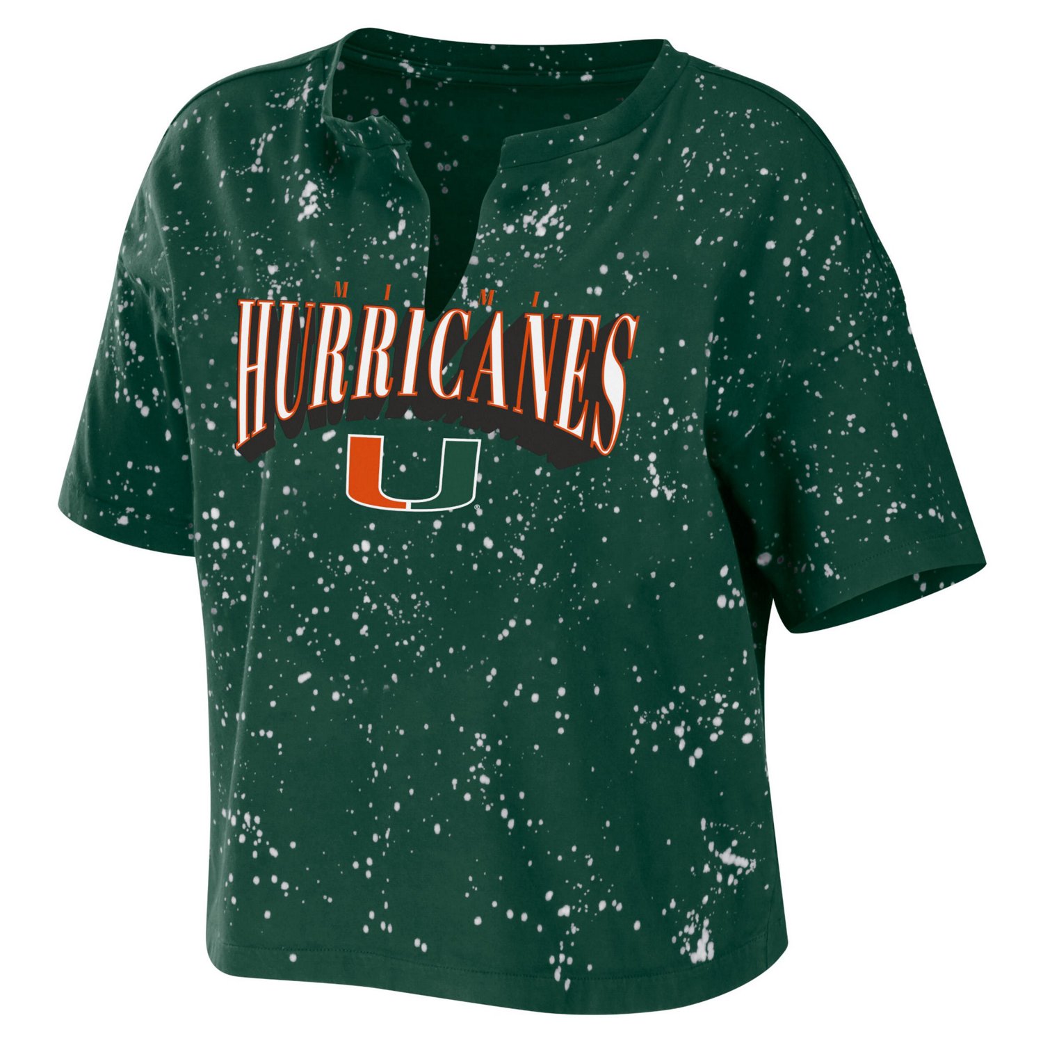 WEAR by Erin Andrews Miami Hurricanes Bleach Wash Splatter Cropped Notch Neck T-Shirt - view number 2