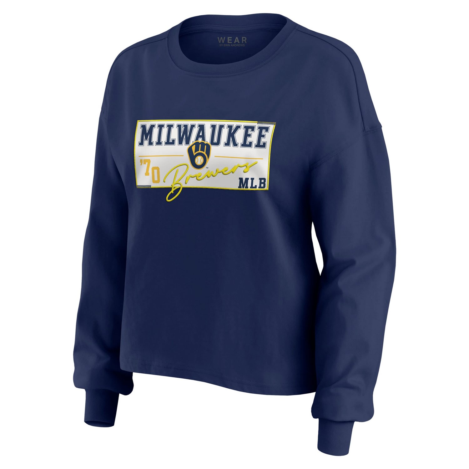 WEAR by Erin Andrews Milwaukee Brewers Heavy Rugby Jersey Cropped Long Sleeve T-Shirt  Shorts Lounge Set - view number 2