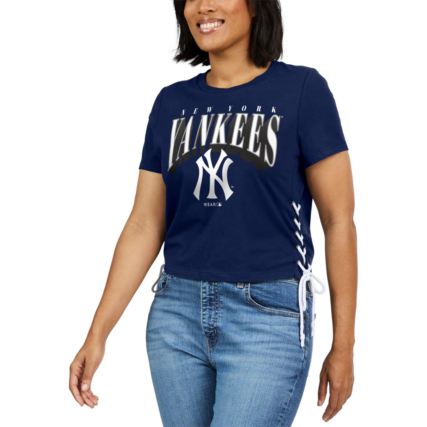 WEAR by Erin Andrews New York Yankees Side Lace-Up Cropped T-Shirt
