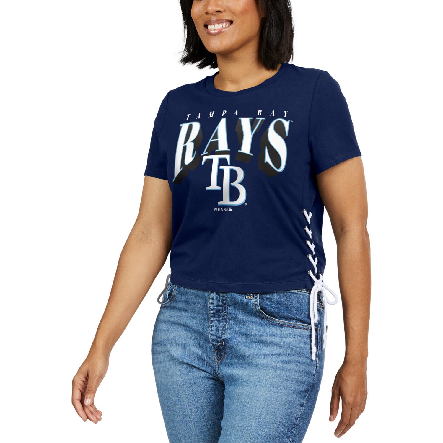 WEAR by Erin Andrews Tampa Bay Rays Side Lace-Up Cropped T-Shirt - view number 4