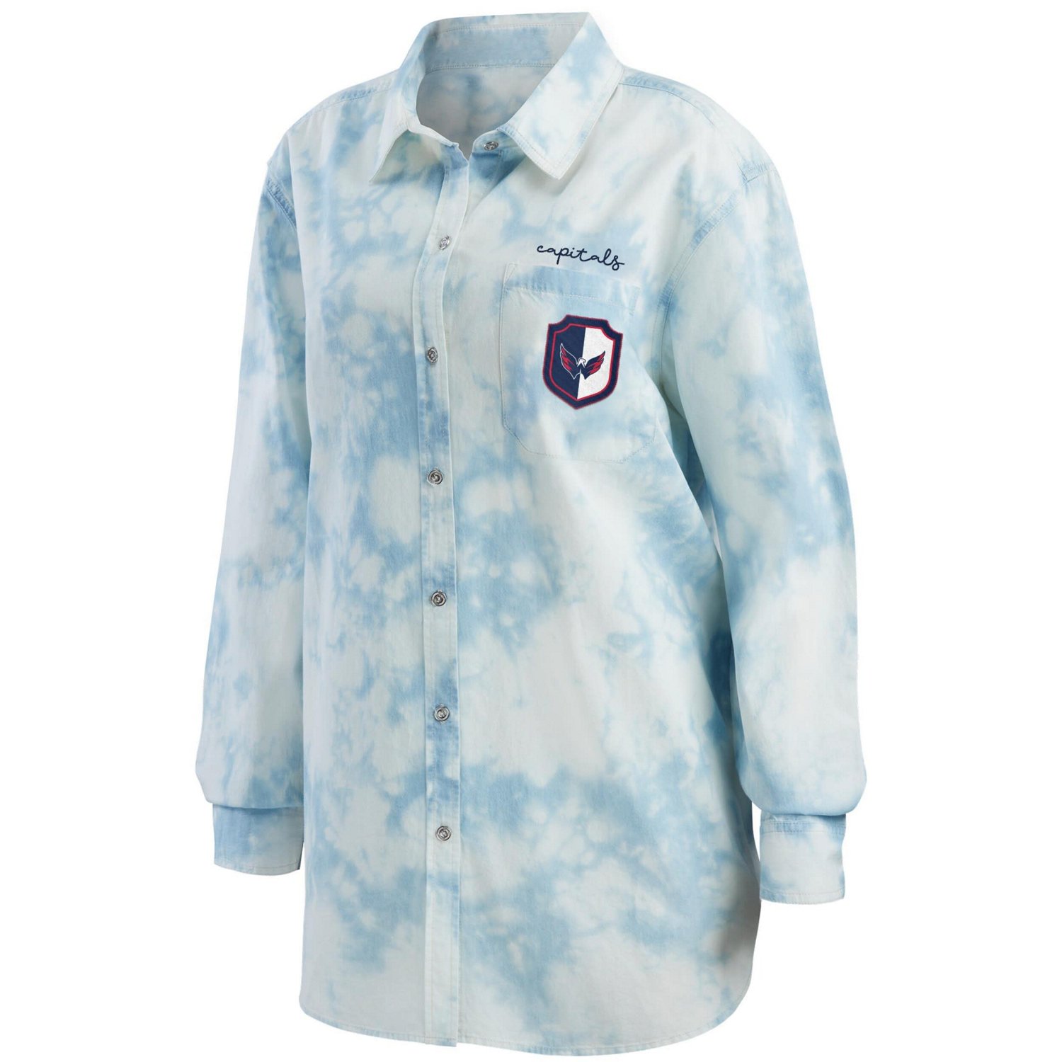 WEAR by Erin Andrews Washington Capitals Oversized Tie-Dye Button-Up Denim Shirt - view number 2