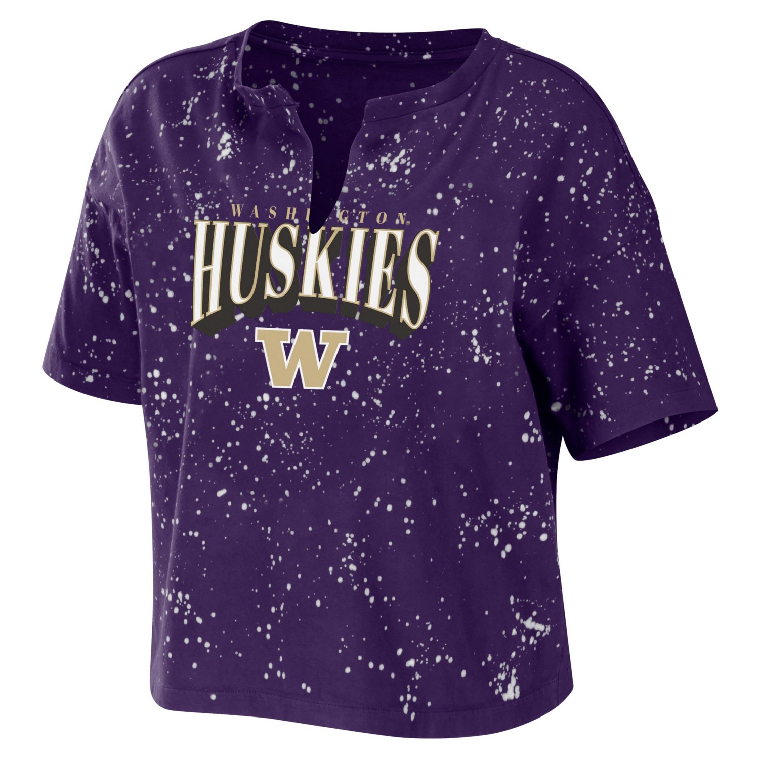 WEAR by Erin Andrews Washington Huskies Bleach Wash Splatter Cropped Notch Neck T-Shirt - view number 2