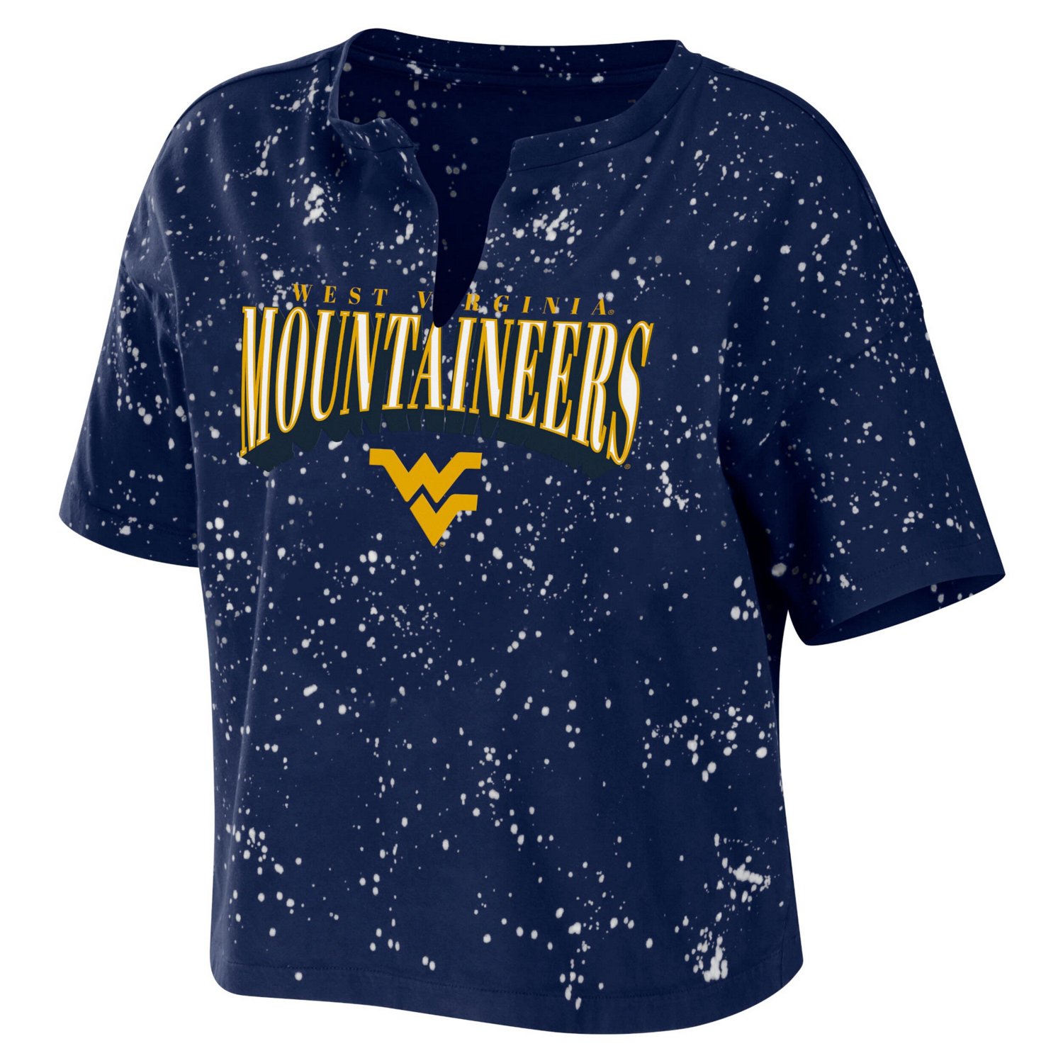 WEAR by Erin Andrews West Virginia Mountaineers Bleach Wash Splatter Cropped Notch Neck T-Shirt - view number 2