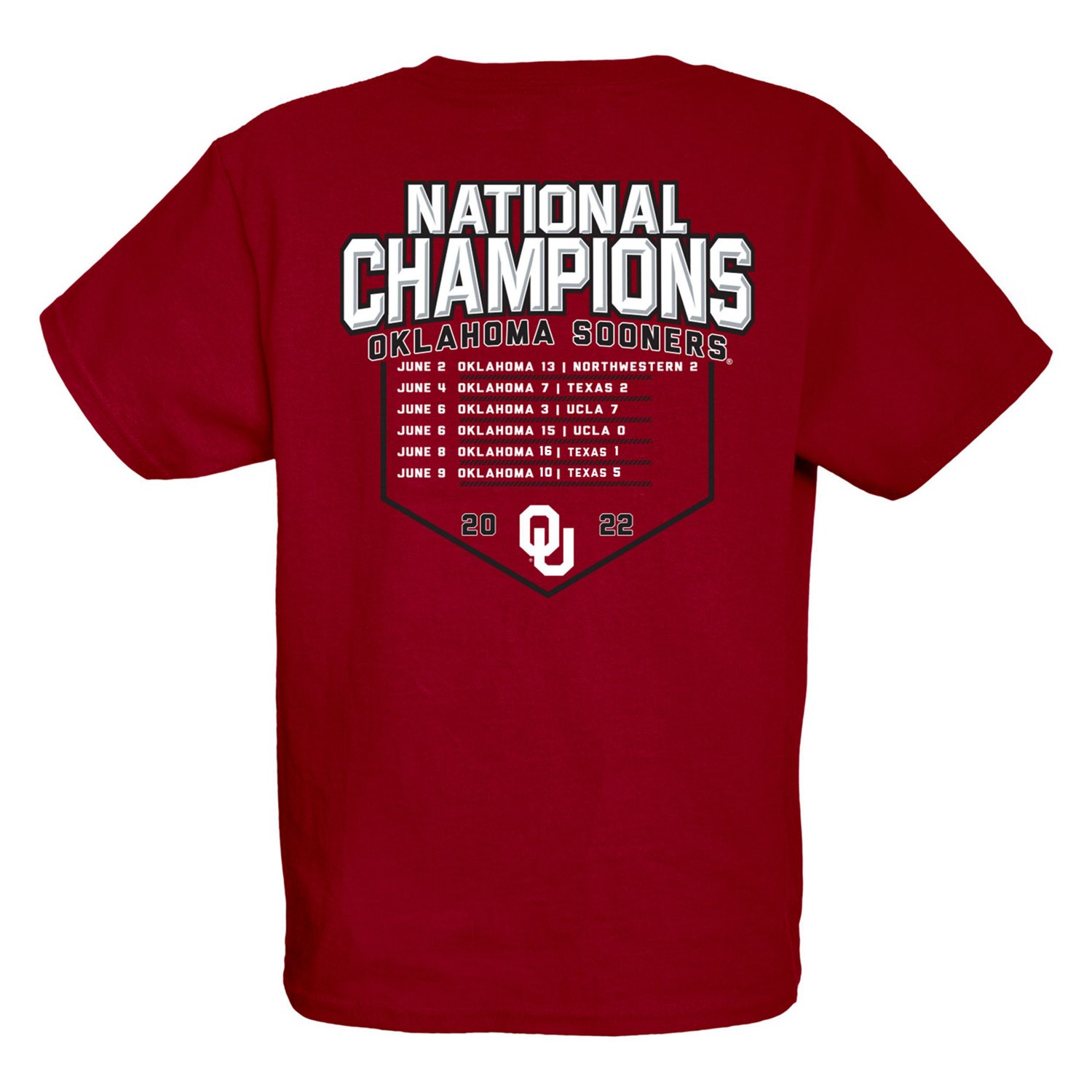 Youth 84 Oklahoma Sooners 2022 NCAA Softball Women's College World Series Champions Base Path Schedule T-Shirt - view number 3
