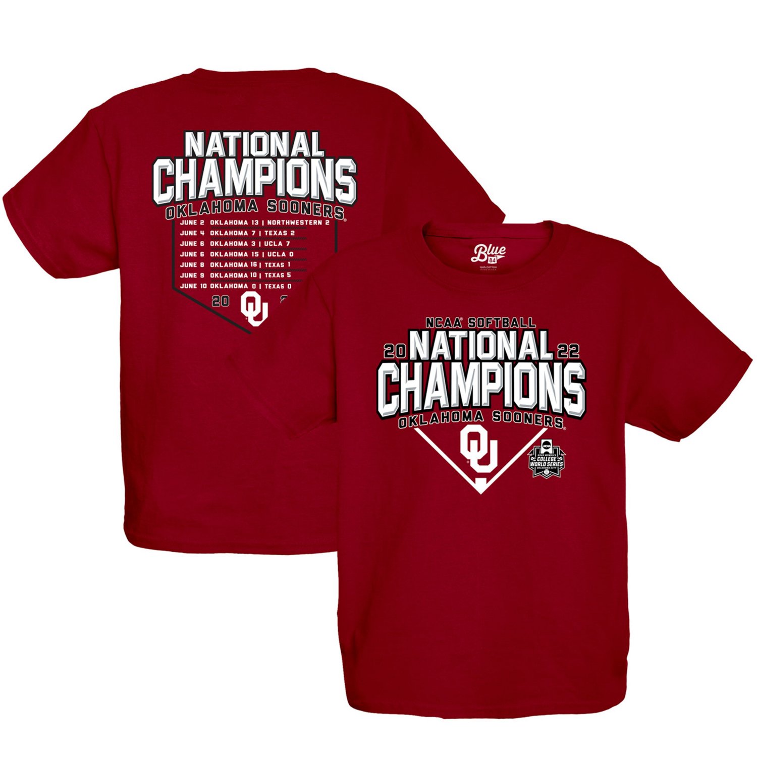 Youth 84 Oklahoma Sooners 2022 NCAA Softball Women's College World Series Champions Base Path Schedule T-Shirt - view number 1