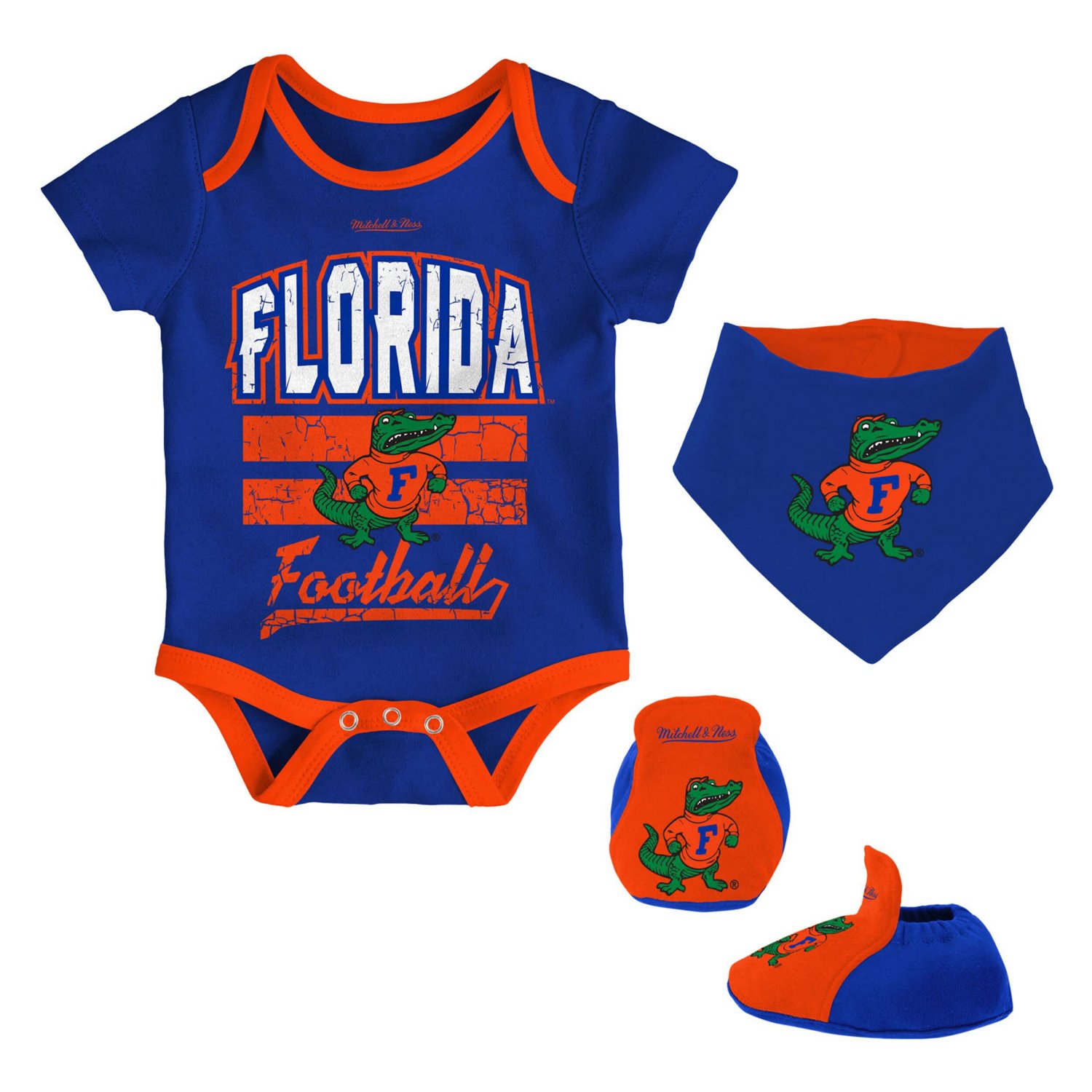 Newborn  Infant Mitchell Ness Florida Gators 3-Pack Bodysuit Bib and Bootie Set